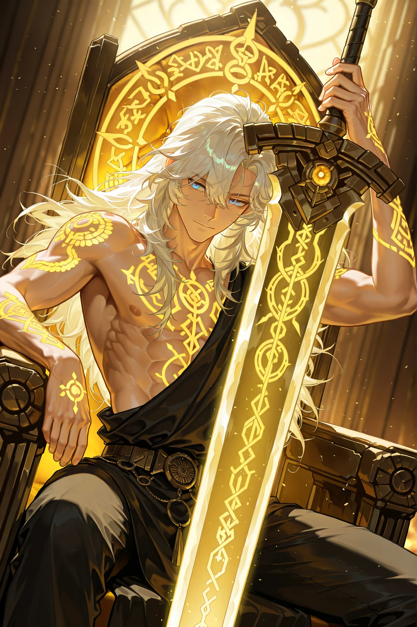 style of [arknights|(748cmstyle:0.88)], god rays, vivid colours, light stream, colour splotches, cinematic shot, mature, young adult, masterpiece, best quality, amazing quality, very aesthetic, high resolution, ultra-detailed, absurdres,
(mature male:0.95), solo, alone,(dynamic pose, side eye, upper body focus, dutch angle, three quarter view, close up, cowboy shot:1.2),qigefei, white hair, blue eyes, golden hair, hair in front of eyes, doom breaker, centurion, glowing greatsword, sitting on a throne, toga, golden runes, golden tattoos, novuschroma79 style, glitch art photo
BREAK, depth of field, volumetric lighting
 