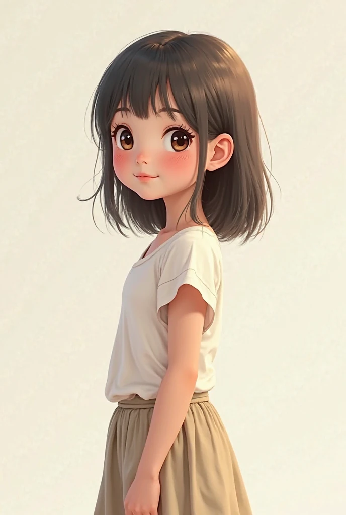 1girl, cute girl, (tareme, short-eyes:1.5), (oval face, drooping-eyes:1.4), grey-green eyes, eye highlights, blush, smiling, thin fine eyebrows, flat hair, no bangs, forehead, center-parted-forehead, side swept to back, low-ponytail, medium hair, black-hair,   BREAK  petit body, dim body, (looks soft body), narrow shoulders, [chubby], normal breast, WHITE T-SHIRT, DENIM HOT PANTS, masterpiece, best quality, portrait, soft lines, perfect anatomy, perfect body, perfect hands, perfect face, cowboy shot portrait, 