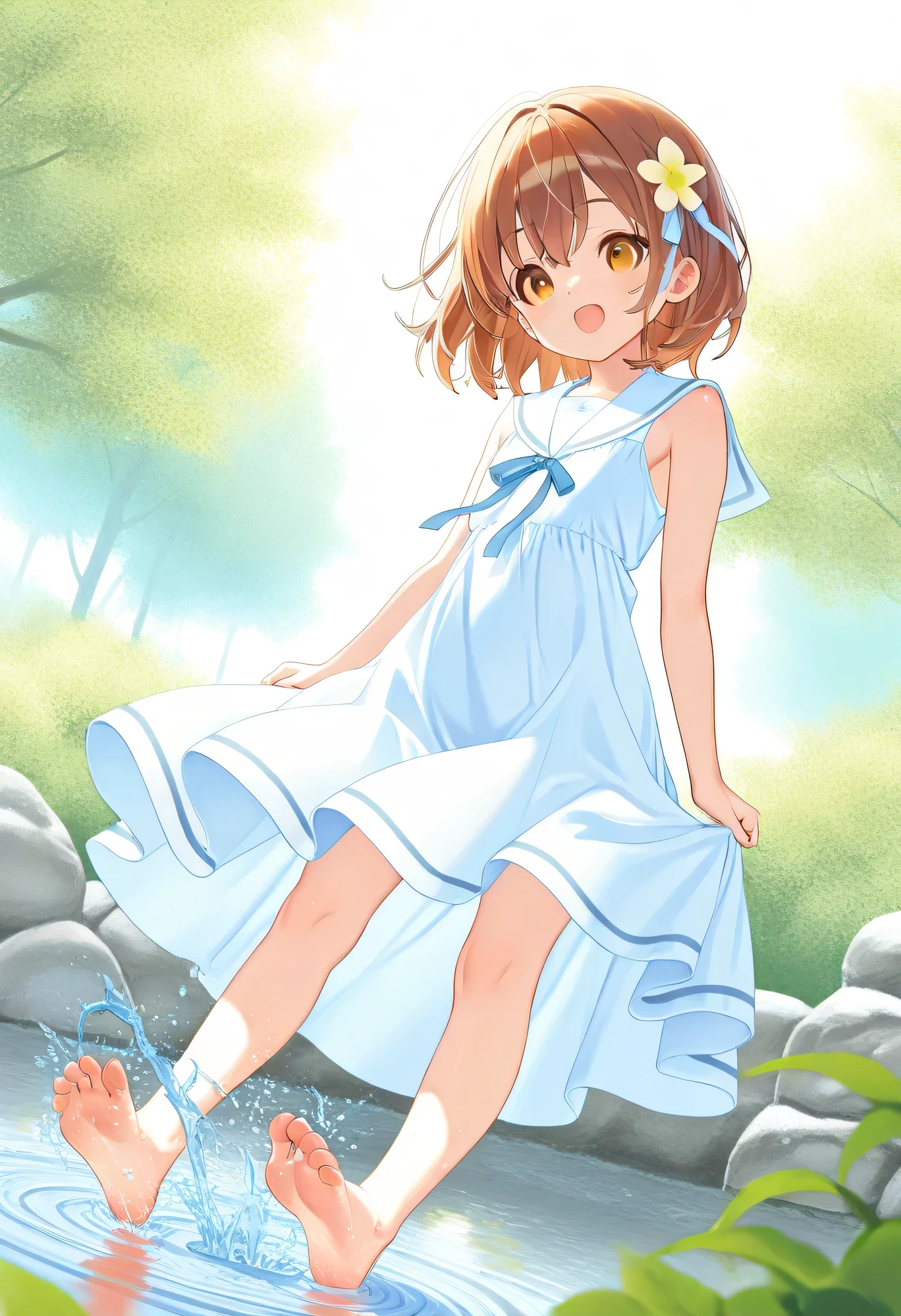 of the best quality、high definition、high image quality、masterpiece、detailed background、Water place in the park where the spring sun shines down、Girls in white sailor dresses playing innocently while splashing water、A dress with clear laughter and wind、Ripples spreading underfoot and shimmering water droplets、A scene full of spring freshness and pure fun、cute