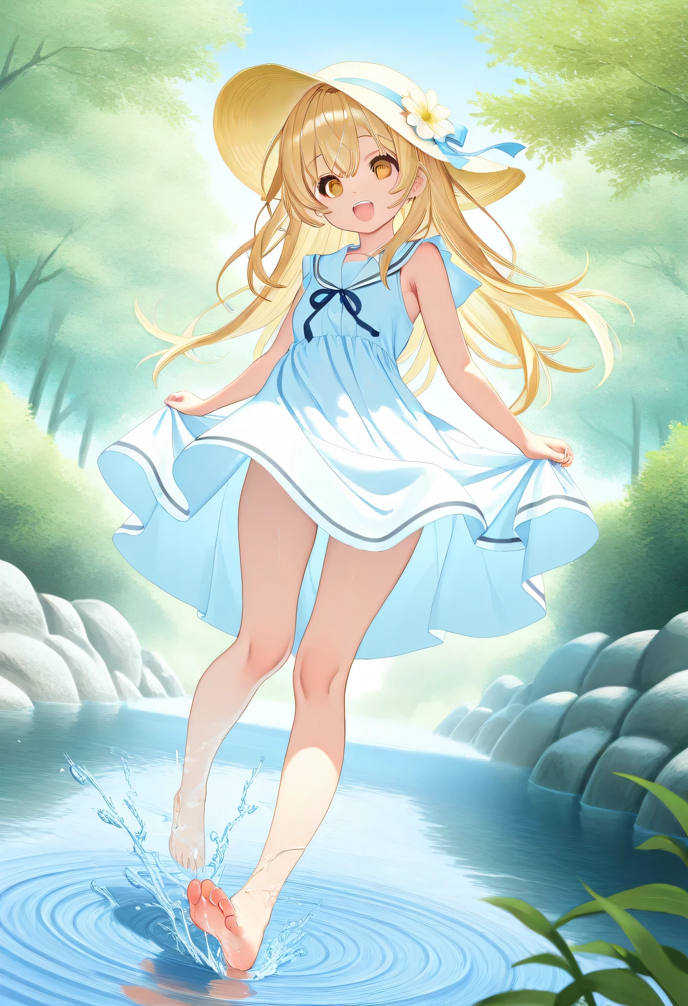 of the best quality、high definition、high image quality、masterpiece、detailed background、Water place in the park where the spring sun shines down、Girls in white sailor dresses playing innocently while splashing water、A dress with clear laughter and wind、Ripples spreading underfoot and shimmering water droplets、A scene full of spring freshness and pure fun、cute