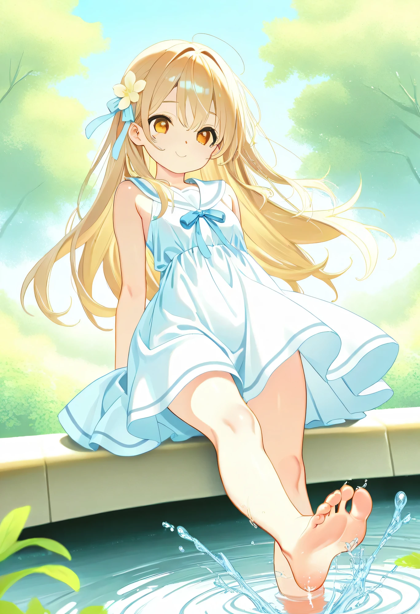 of the best quality、high definition、high image quality、masterpiece、detailed background、Water place in the park where the spring sun shines down、Girls in white sailor dresses playing innocently while splashing water、A dress with clear laughter and wind、Ripples spreading underfoot and shimmering water droplets、A scene full of spring freshness and pure fun、cute