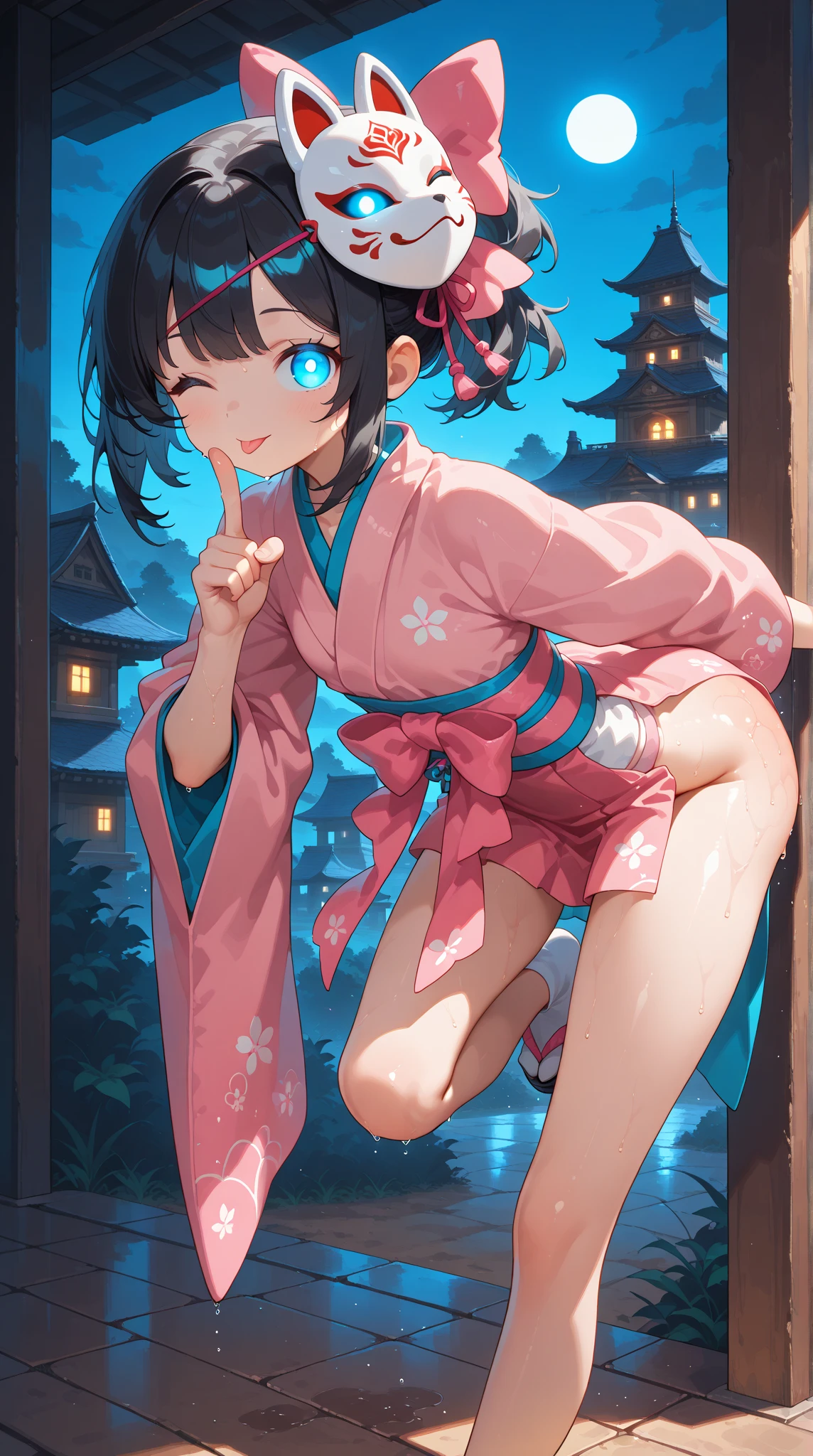 Gao Jiejie,Highest quality,Detailed Background,night,Outdoor,Red eyes,Long twin tails,Brown Hair,Eyebrows visible through hair,Flat Chest,Blue yukata,Cleavage,Nipples,upper body,1boy,vaginale,Sex,cum in pussy,Woman on top,Men are down,penis in pussy,{{{{{{{No text}}}}}}