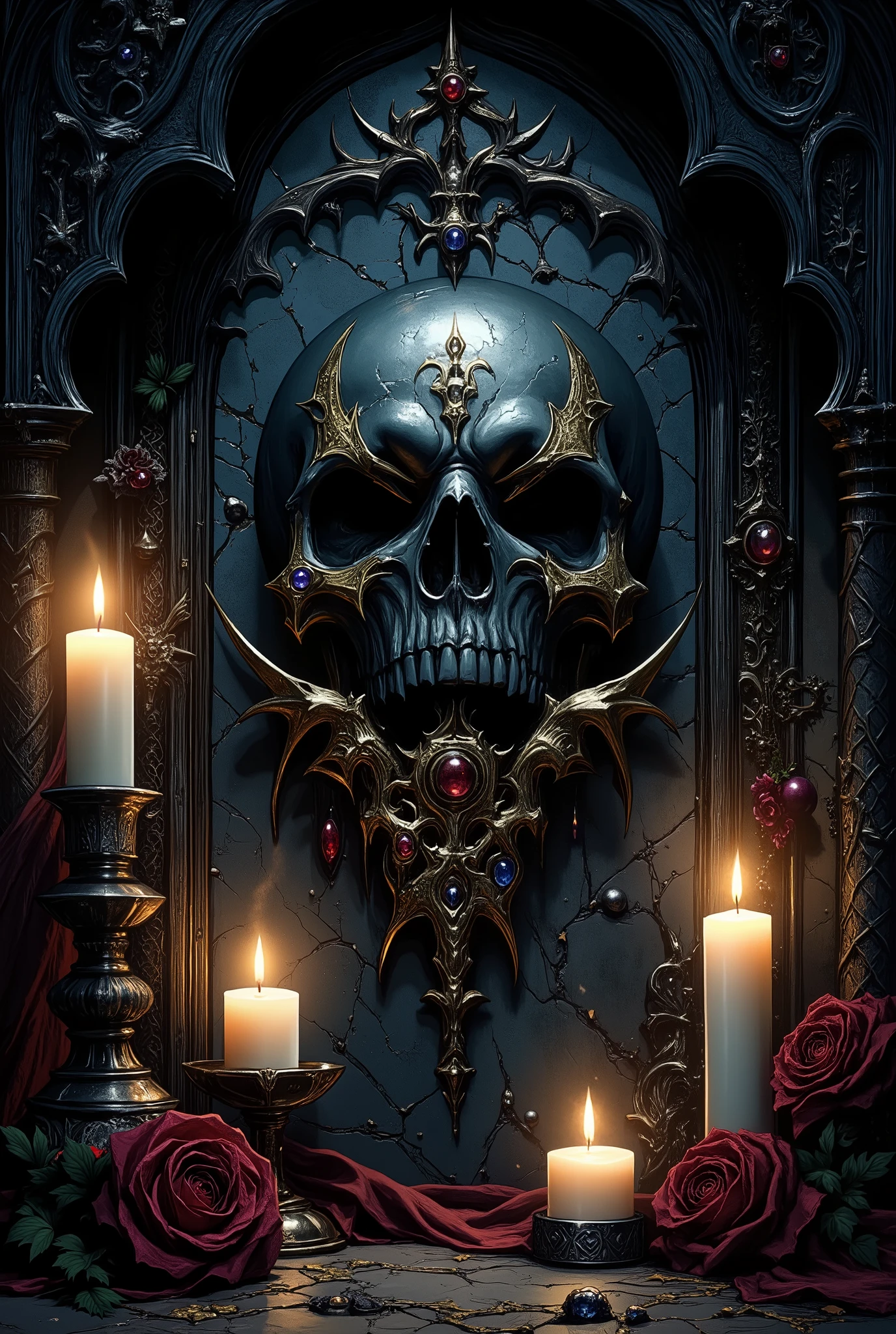 Black skull around it candles, Gothic atmosphere, jewel inlay, magic, fantasy style, Dark Fantasy, Patterns near the Window, with Black Wicker Arch, Gothic colors, White and black, Gothic style, 8k, difficult details, Black Aura and comes off the skull, magic, Mysticism, witchcraft, Masterpiece, best quality, 8k, high quality textures, maximum quality, good quality, lots of details,