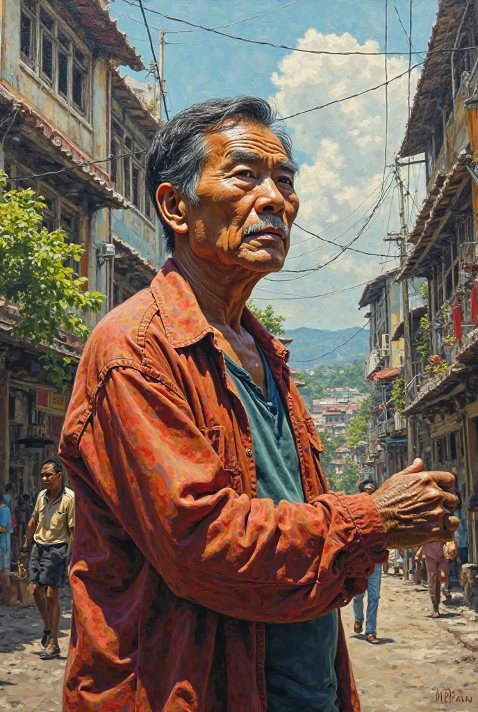 vintage film poster, illustration. Movie poster in 1940’s style. movie poster title “SESAT DI KUALA LUMPUR”. a Malay man wearing dirty clothes, torn, slubby. walking hunchback on the city streets at night.