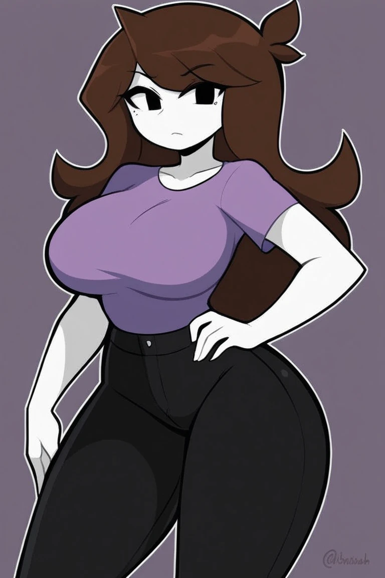 (masterpiece, best quality:1.2), extremely detailed, soft ambient lighting, sharp focus, 4K, BREAK 1girl, solo, jaidenanimations, purple t-shirt, black pants, long brown hair, white skin, BREAK simple background, white background, looking at viewer, smiling, hands on hips, blushing extremely, bending over forwards, (big breasts:1.3)