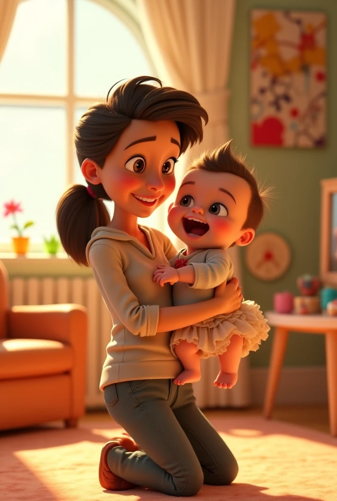 cute baby with phone with his angry mother at his back in a realistic setting