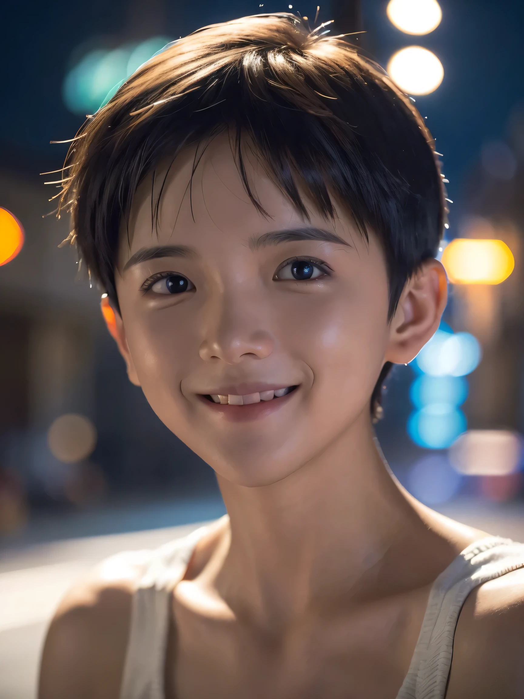 (A young boy), (photorealistic:1.2), (RAW photo), There is a smiling Araped boy wearing a singlet Cute boy, close up portrait shot, Happy s, Younboy, joyful expressions, medium portrait soft light,  a, young cute asian face, good lighted photo, portrait soft light, at the ,photo model, real  body lines, (at the night), (on the big city night street), many colorful light as background bokeh , emphasizing his features and creating a dynamic visual detail background,The boy has awesome hair style, backlight photo sample，Make a Disney avatar feel