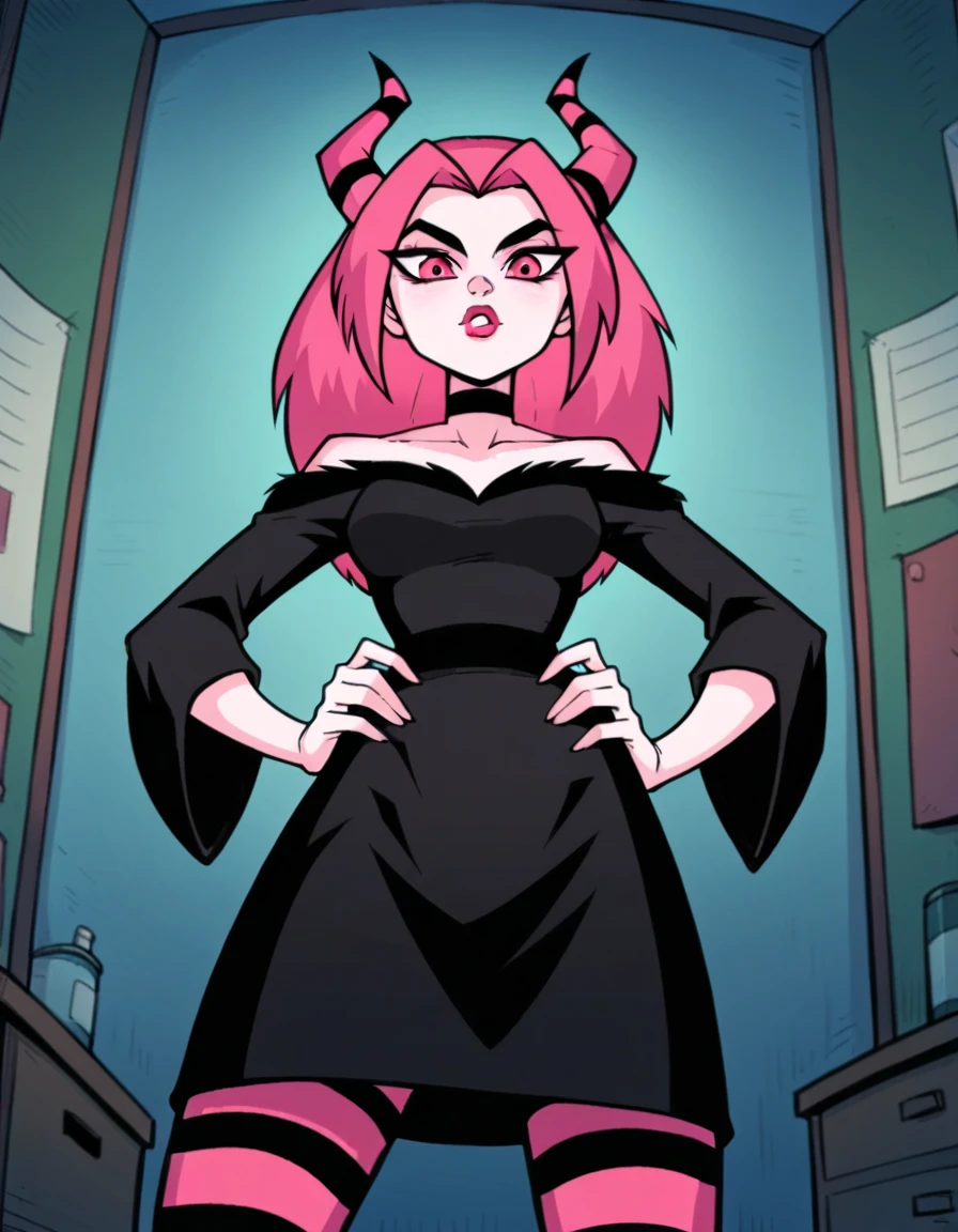 a demon girl in the world of hazbin hotel, with the style of hazbin hotel. brown hair, blue eyes, light complexion. with demon horns or ears.