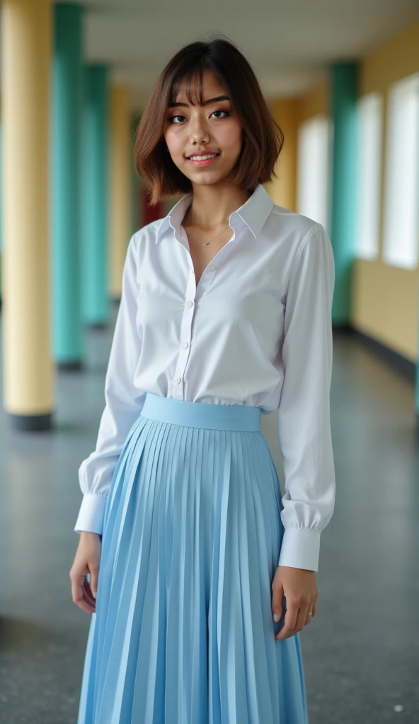 A beautiful young woman 21 years old with fair skin, piercing blue eyes and dark curly hair loose on the sides of the face. She wears a traditional Japanese , consisting of a pleated skirt, a white blouse. Showing off her beautiful, perfect sculptural body . The scene is lit by soft natural light, highlighting your delicate features and thoughtful expression. The uniform is perfectly fitted and impeccable, reflecting your attention to detail and pride in your appearance. 8K quality rendering with exceptional detail and sharpness. A sexy