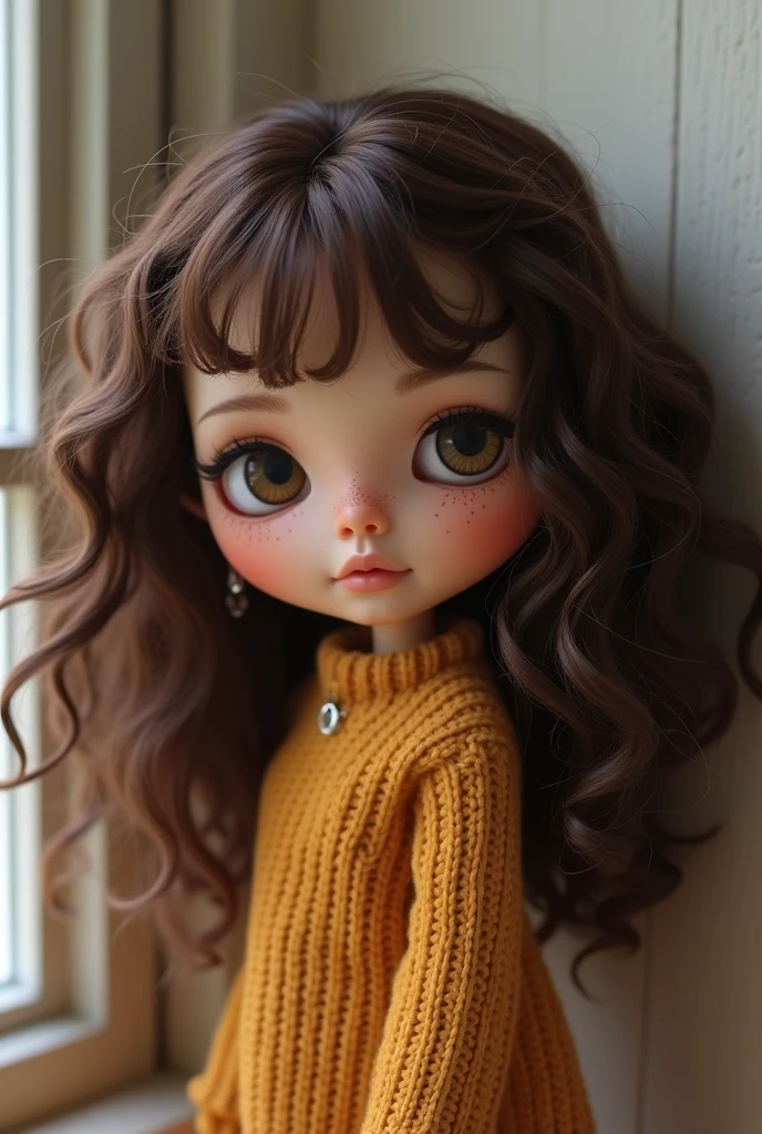 A brown skin blythe doll, long hair with sparse brown bangs, dark brown eyes, long eyelashes, brown lips