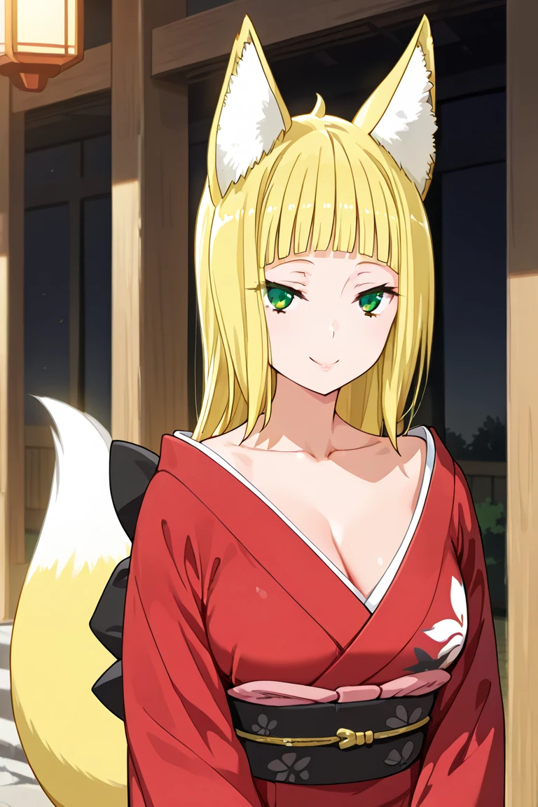 haruhime <lora:haruhime:0.6> 1girl, blond hair fox_ears huge fox tail long hair blunt_bangs shiny hair, green_eyes sleepy eyes, eyeliner blush medium breasts skindantation choker +++ collarbone,red kimono, japanese_clothes, half off_shoulder smile , +++ masterpiece extremely quality extremely detailed absurdres deep-silky-healthy-lackwarm-foundational-soft-skin ultra detailed hair ultra detailed eyes ultra detailed face high resolution, contrapposto glow shine like opal magnificent perfect realistic:1.3 ray trace depth of field ++ Faint lips,UC:realistic, cute anime face cinematic lighting cinematic angle Girl at the front single focus dynamic pose <lora:hipoly3DModelLora_v10:0.2:NF> hiqcgbody