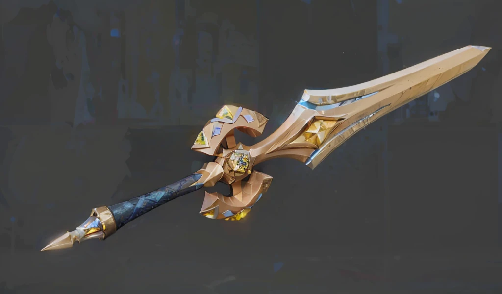 3D rendered fantasy sword with elegant design. Long cream-colored blade with sharp pointed tip and subtle blue energy channel running along its length. Elaborate rose-gold hilt with geometric cross-guard featuring yellow and blue diamond-shaped gemstones. Central circular medallion with star pattern and yellow gem at the crossguard. Navy blue textured grip with embossed pattern wrapped around the handle. Decorative pommel with blue gemstone accents and pointed end cap. The weapon combines elegant curves with angular geometric elements. Metallic surfaces have a polished finish with light reflections highlighting the edges. Gemstones appear translucent with internal light refraction. Rendered against dark gray background with professional studio lighting emphasizing the weapon’s dimensional details and material contrasts