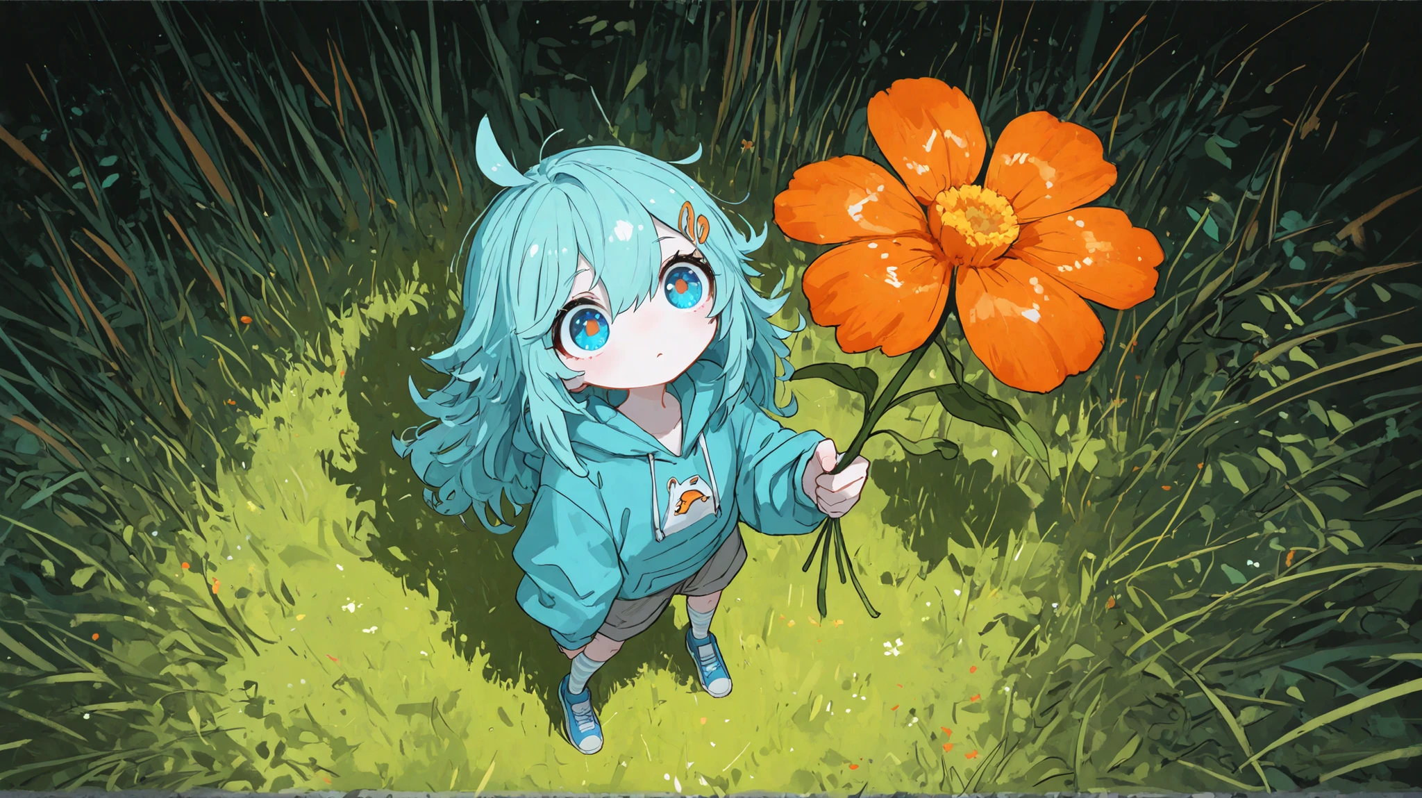 (masterpiece , best quality) , (safe for work) , solo , (okmc) , a woman\(light blue hair , long hair , fluffy hair , white skin , big eyes、 big eyes、no nose , small mouth , Thin blue shoes , ( lots of light blue )Hoodie , Grey shorts , striped blue and white knee-length socks\) , she is lying on the field, (orange) flower , green grass , from above , (closed-up her:1.5),soft tone illustration