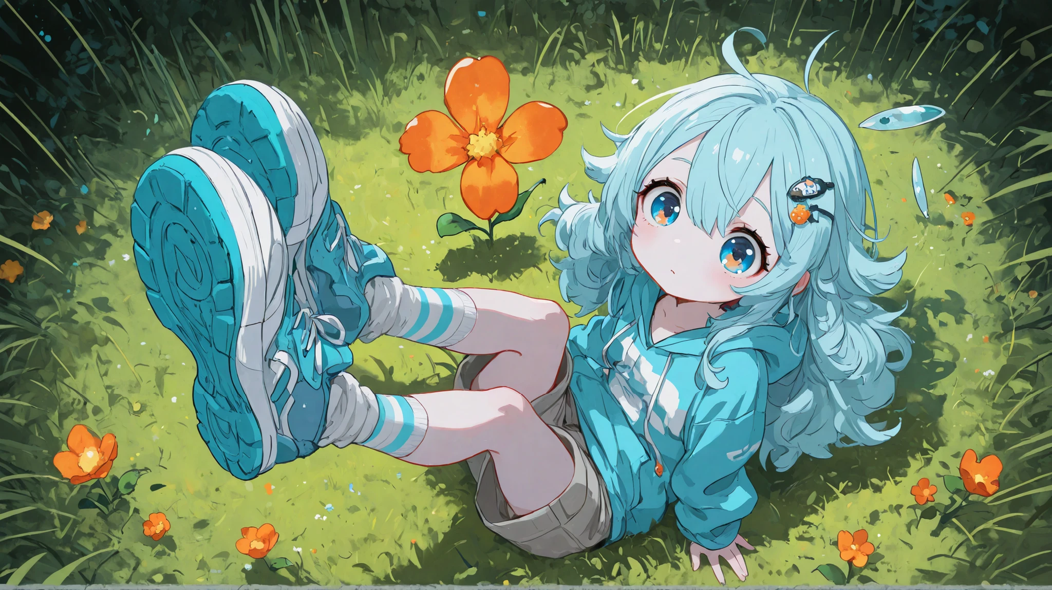 (masterpiece , best quality:) , (safe for work) , solo , (okmc) , a woman\(light blue hair , long hair , fluffy hair , white skin , big eyes、 big eyes、no nose , small mouth , Thin blue shoes , ( lots of light blue )Hoodie , Grey shorts , striped blue and white knee-length socks\) , she is lying on the field, (orange) flower , green grass , from above , (closed-up her:1.5),soft tone illustration
