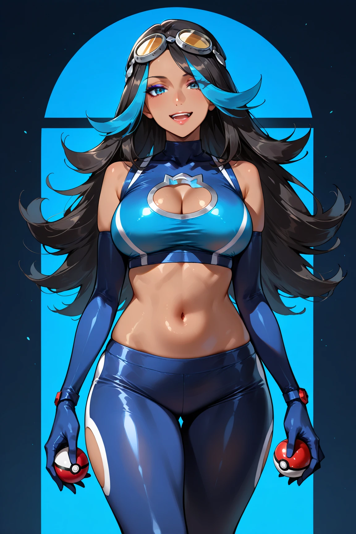 A portrait of Urubida with blue hair and white highlights, shiny blue leggings and sport bra
