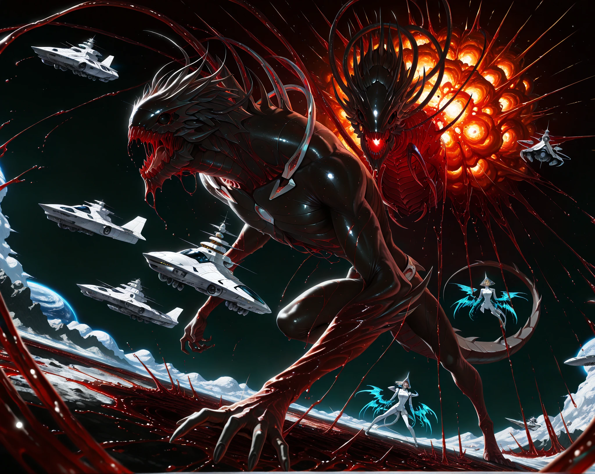 HDR, 8K, high contrast, masterpiece, best quality, amazing quality, very aesthetic, superabsurd res, high resolution, ultra-detailed, absurdres, newest, scenery, lightrays, chiaroscuro, dynamic angle, (((large blood monster))), dragon monster, wings, tail, things made of blood, blood monsters, black eyes, open mouth, black sharp teeth, (((blood, blood splash, wet lens))), (dynamic pose), (astronauts fighting monster, epic fight, astronauts:1.3), (stellar planets:1.3), utopia, (futuristic, spaceships:1.5), outdoor, nature, explosion, epic composition, anime screencap, official art, Jujutsu Kaisen style, ((horror theme)), dynamic shot, cinematic, cinematic lighting, atmospheric lights, depth of field, detailed background