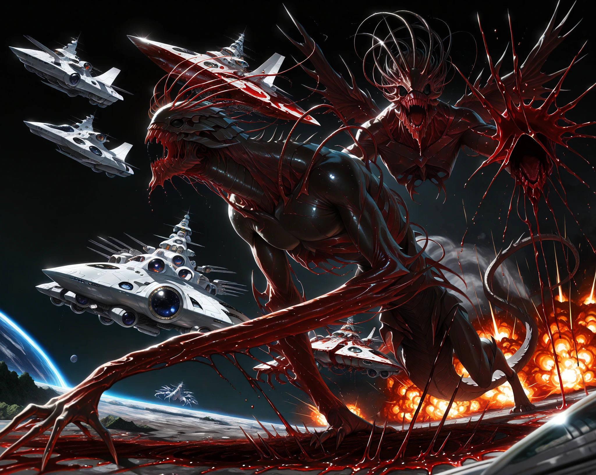 HDR, 8K, high contrast, masterpiece, best quality, amazing quality, very aesthetic, superabsurd res, high resolution, ultra-detailed, absurdres, newest, scenery, lightrays, chiaroscuro, dynamic angle, (((large blood monster))), dragon monster, wings, tail, things made of blood, blood monsters, black eyes, open mouth, black sharp teeth, (((blood, blood splash, wet lens))), (dynamic pose), (astronauts fighting monster, epic fight, astronauts:1.3), (stellar planets:1.3), utopia, (futuristic, spaceships:1.5), outdoor, nature, explosion, epic composition, anime screencap, official art, Jujutsu Kaisen style, ((horror theme)), dynamic shot, cinematic, cinematic lighting, atmospheric lights, depth of field, detailed background
