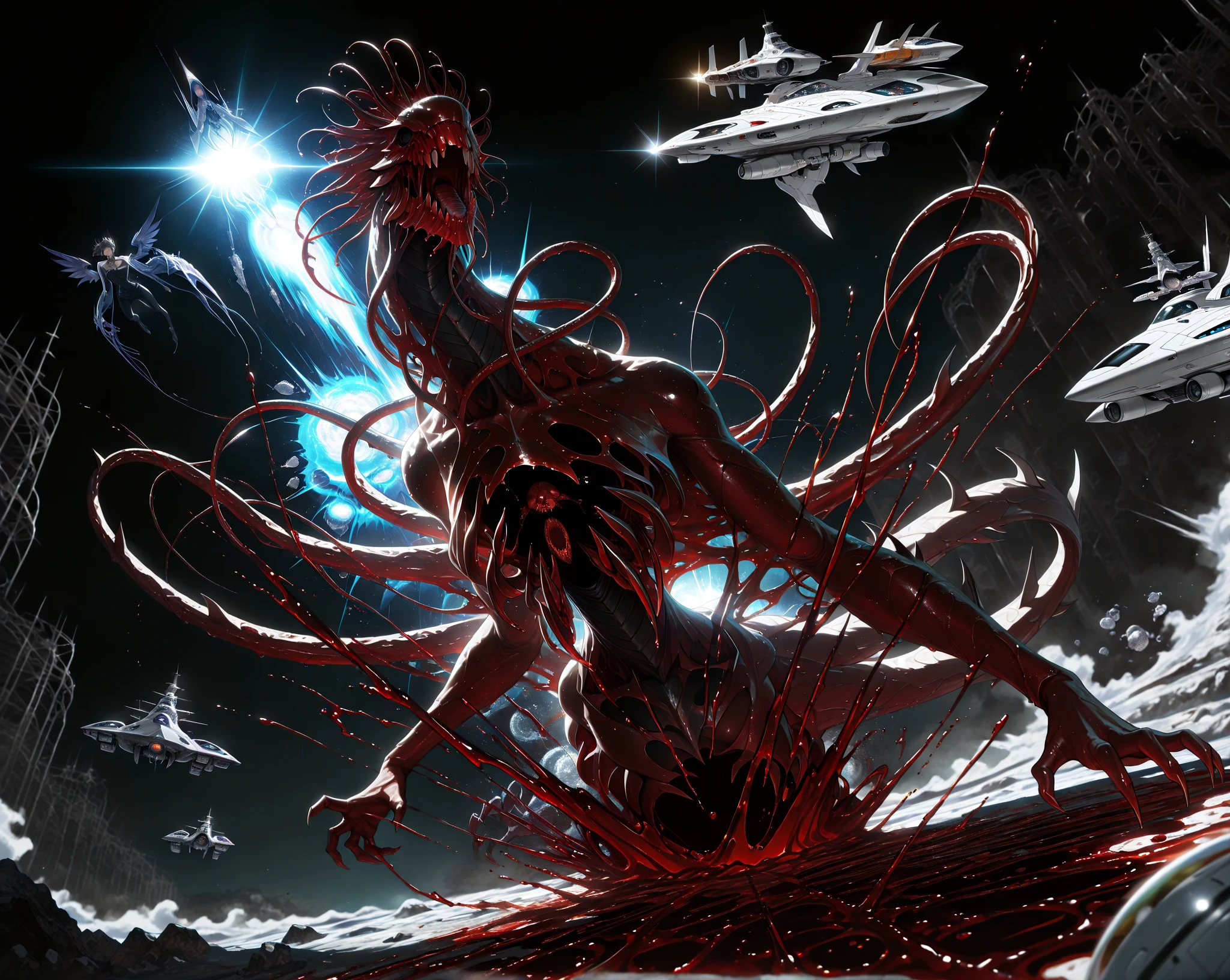 HDR, 8K, high contrast, masterpiece, best quality, amazing quality, very aesthetic, superabsurd res, high resolution, ultra-detailed, absurdres, newest, scenery, lightrays, chiaroscuro, dynamic angle, (((large blood monster))), dragon monster, wings, tail, things made of blood, blood monsters, black eyes, open mouth, black sharp teeth, (((blood, blood splash, wet lens))), (dynamic pose), (astronauts fighting monster, epic fight, astronauts:1.3), (stellar planets:1.3), utopia, (futuristic, spaceships:1.5), outdoor, nature, explosion, epic composition, anime screencap, official art, Jujutsu Kaisen style, ((horror theme)), dynamic shot, cinematic, cinematic lighting, atmospheric lights, depth of field, detailed background