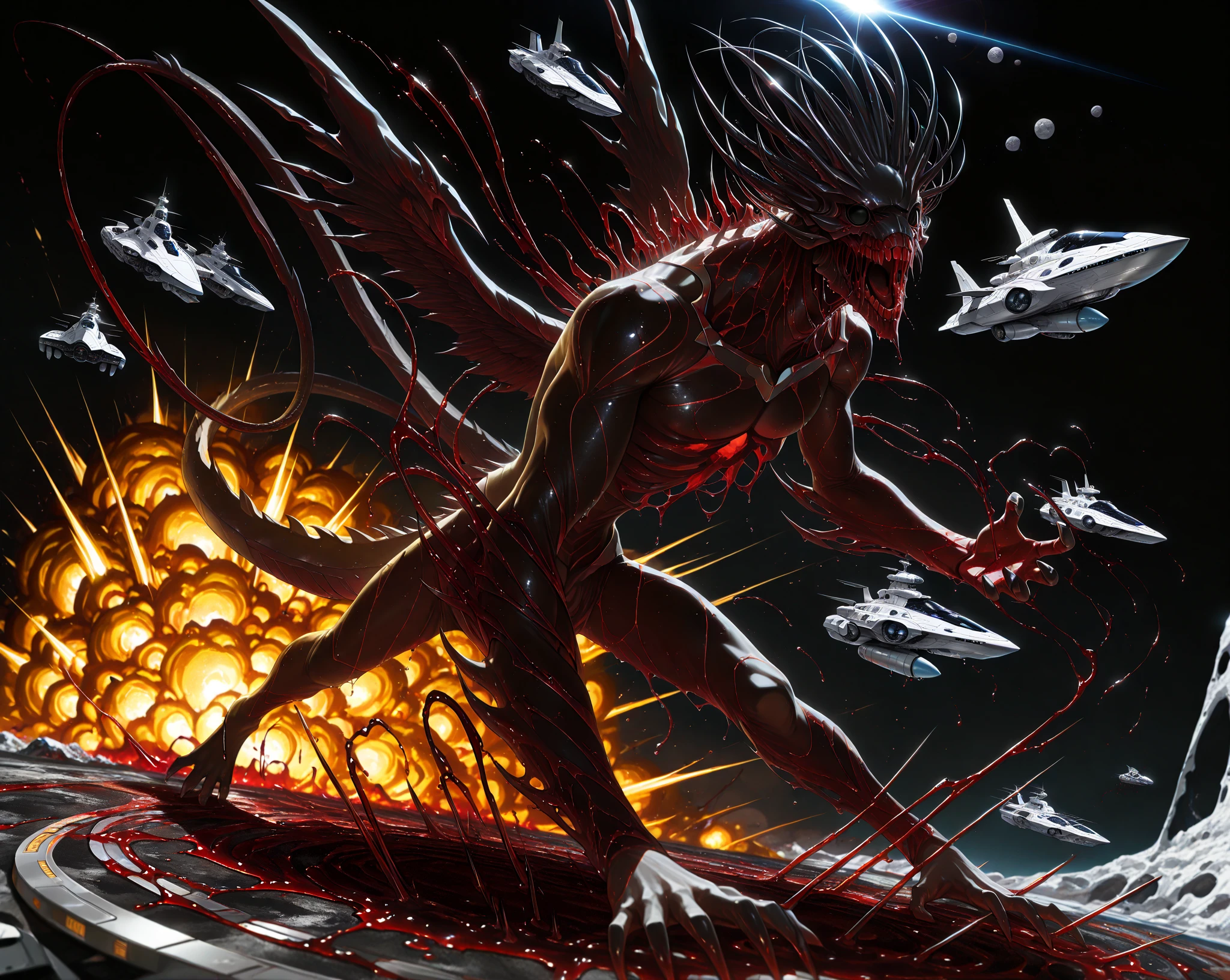 HDR, 8K, high contrast, masterpiece, best quality, amazing quality, very aesthetic, superabsurd res, high resolution, ultra-detailed, absurdres, newest, scenery, lightrays, chiaroscuro, dynamic angle, (((large blood monster))), dragon monster, wings, tail, things made of blood, blood monsters, black eyes, open mouth, black sharp teeth, (((blood, blood splash, wet lens))), (dynamic pose), (astronauts fighting monster, epic fight, astronauts:1.3), (stellar planets:1.3), utopia, (futuristic, spaceships:1.5), outdoor, nature, explosion, epic composition, anime screencap, official art, Jujutsu Kaisen style, ((horror theme)), dynamic shot, cinematic, cinematic lighting, atmospheric lights, depth of field, detailed background