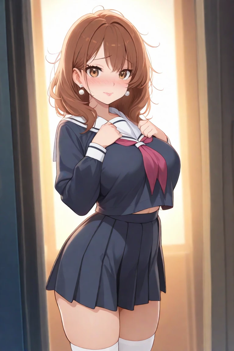 (((locker room:1.3))),(((Changing clothes in the changing room:1.3))),(((School uniforms hanging on hangers:1.3))),(((School Swimsuit:1.7)),(((Navy blue one piece swimsuit))),(Dark red bow tie:1.3),Cute face,Extreme close up of face,Shiny light brown and orange striped short hair,Messy ponytail,Cute Smile,Perfect round face,iris,(hairpin、ponytail、Floating Hair、),Large Breasts.Professional Lighting,Cinematic Light,(Tabletop,highest quality,Ultra-high resolution output images,) ,(8K quality,),(Ocean Art 2.0 Mode:1.3),(Picture Mode Ultra HD,)