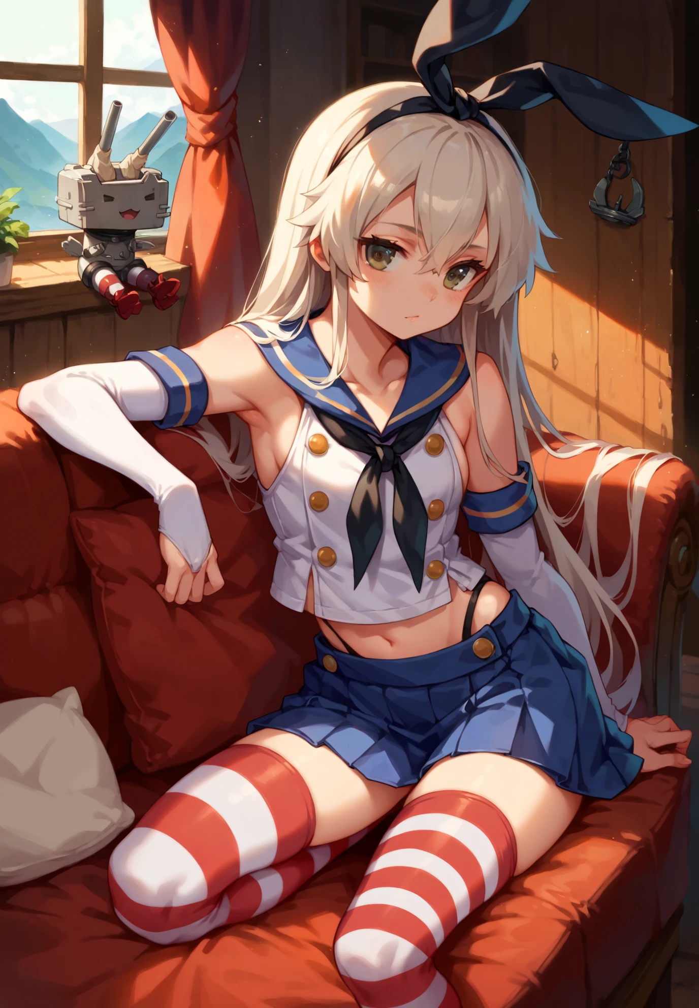 1girl, solo, Shimakaze, kancolle, young, striped thigh highs, uniform, sitting on a couch, sexy pose, alluring atmosphere, mountain cabin, night time, beautiful lighting and shadows,