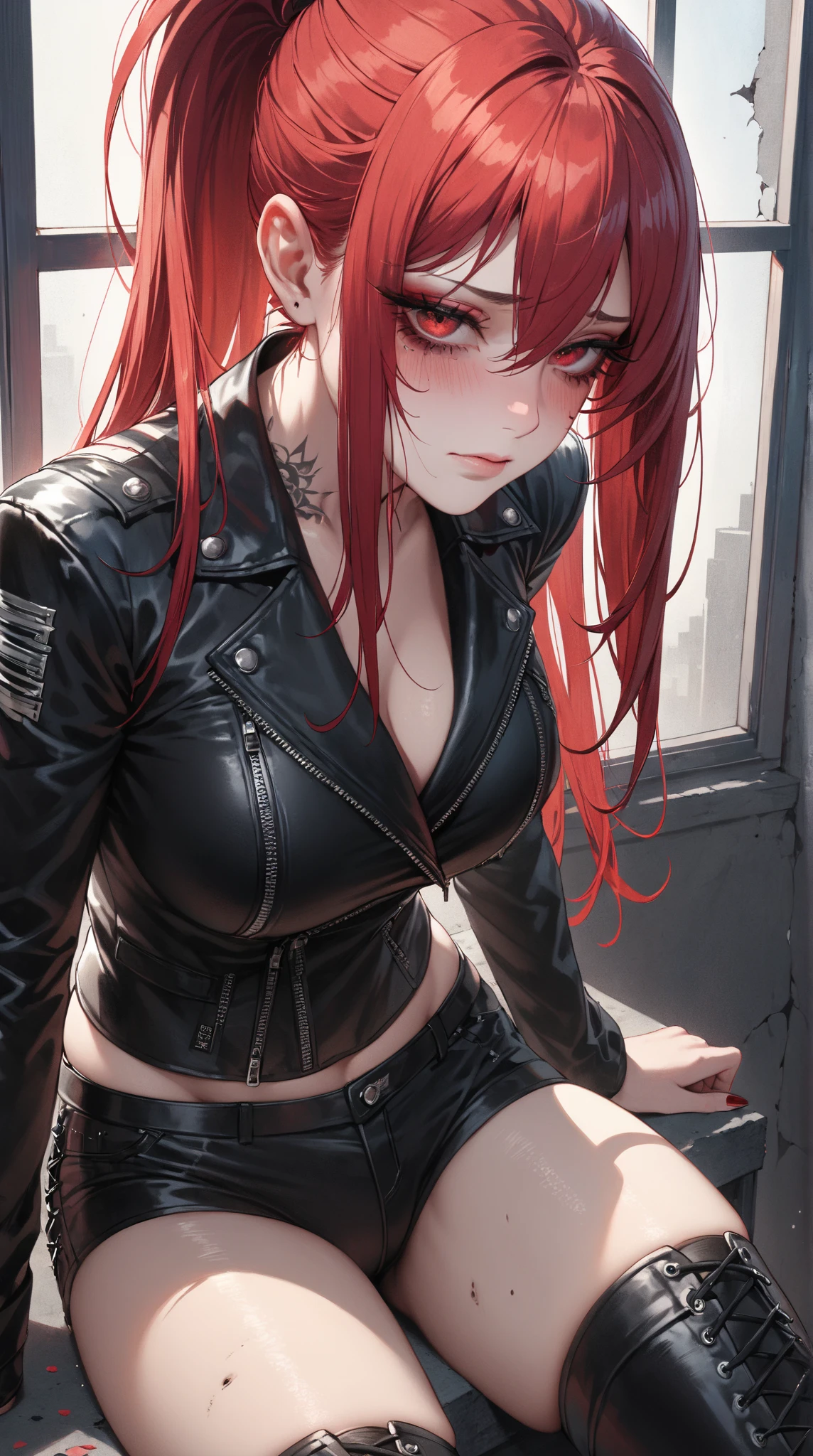 Woman punk long red hair green eyes apocalypse