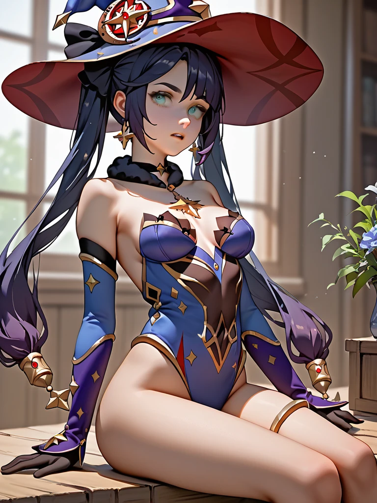 mona, blue eyes, hair between eyes, twintails, very long hair, purple hair, hat, (small breast:1.2, big hips:1.2), witch hat, , (full body), (masterpiece), (best quality), ultra high res, ultra detailed, detailed eyes, intricate, 1girl, looking at viewer, collarbone, ((big hips, tight clothes, cleavage, looking at the viewer)), (abs:0.8), blushed, (realistic:1.2), (realism), (masterpiece:1.2), (best quality), (ultra detailed), (8k, 4k, intricate), (85mm), light particles, lighting, (highly detailed:1.2), (detailed face:1.2), (gradients), colorful, (detailed eyes:1.2), (detailed background), detailed landscape, (dynamic angle:1.2), (rule of third_composition:1.3), (Line of action:1.2), seducing pose,