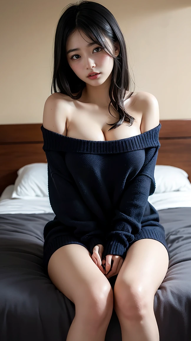 (1 girl), Very detailed girl, alone, ((Very detailed face)), Very detailed CG synthesis 8k wallpaper, Very detailed, Raw color photography, Professional photography, Realistic, (thin, Cleavage:0.8), ((Wear it with the chest open:1.45)), (View your viewers, Embarrassing:1.6, Embarrassing:1.45, Sleep:1.2, close your eyes:1.24, Upturned eyes, Panicked, Open your mouth), Dark check pleated skirt, Bedroom,(From above while lying on your back, Put your head on the pillow, Spread your legs, Thighs, Black Stockings, Camel Toe:0.8, whole body)