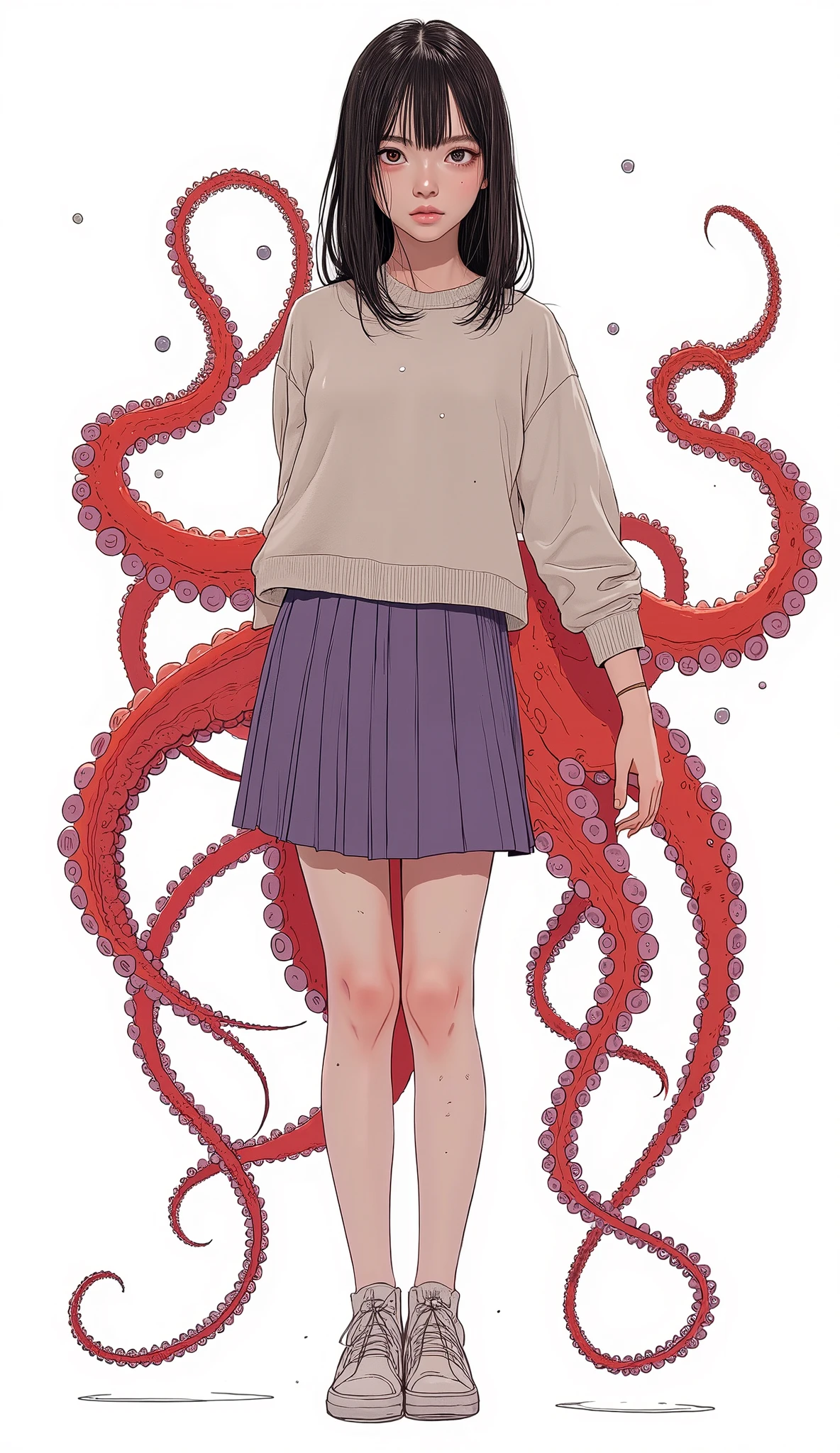 Girl captured by tentacles in abandoned factory　Tentacles in a skirt　Pants fabric texture　
