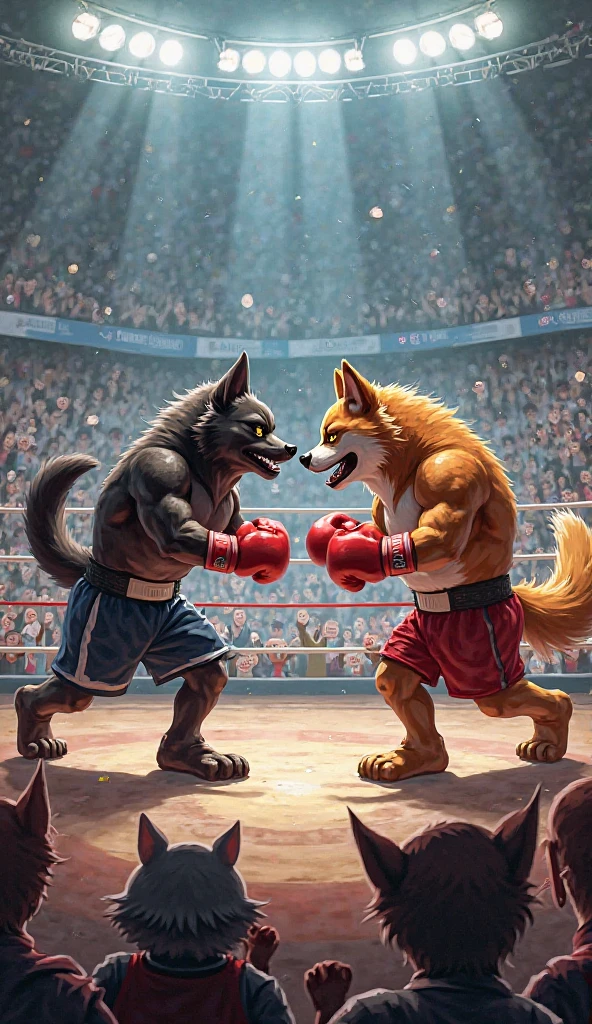 A muscular anthropomorphic wolf in a boxing stance delivers a powerful punch to a similarly muscular humanoid with a bear-like face, who is visibly injured and bleeding. Both characters are dressed in athletic shorts, and the scene is set in a boxing ring surrounded by an excited audience. Bright lights and vibrant colors enhance the dramatic atmosphere, highlighting the intensity of the fight.