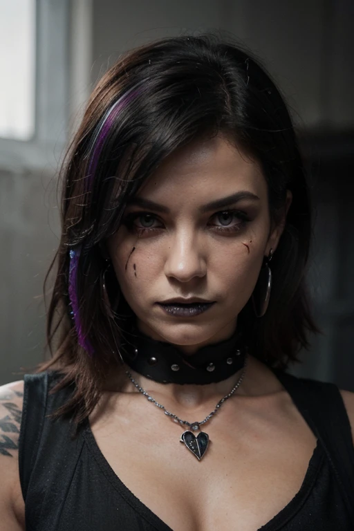 (4k resolution), completely naked girl, squatting, one hand raised up, angry face, in the landfill, with a punk hairstyle, a lot of tattoos, side shaved hairstyle, multi-colored hair, wide-open leather jacket, leather belt with spikes, a collar with spikes, a little wet, visible pussy, pubic hair, detail face, detail backgrounds little blur, reflection from wet, not much light on models, correct shadows, HDR, photo realistic, professional photo