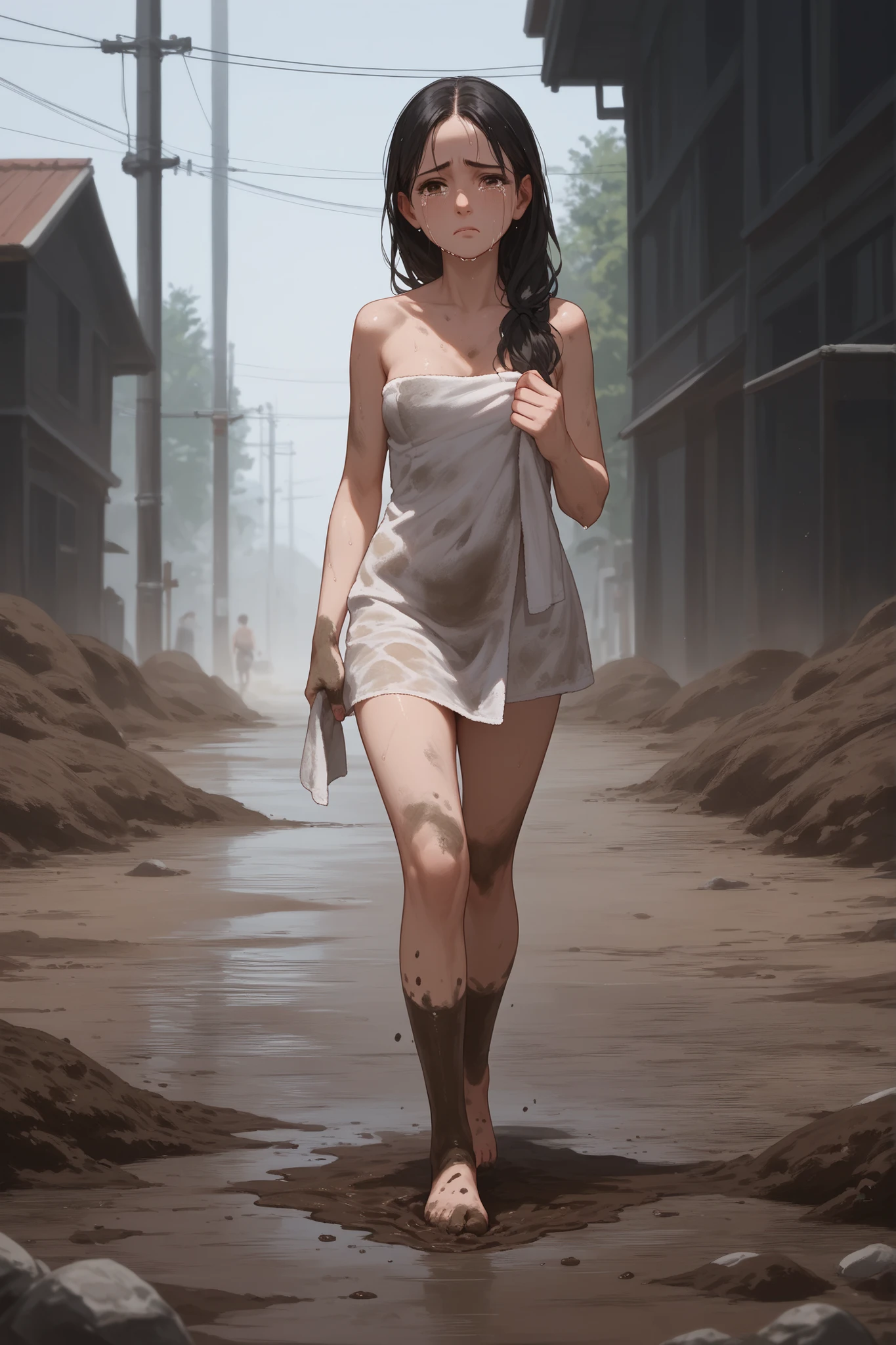 Full body photograph of a woman with messy and dirty long black hair and brown eyes, naked walking along the side of a dirt road.  And a dirty body of mud, crying in dismay, intimate parts visible. lace towel, very detailed, perfect anatomy, Focus on the sad face.