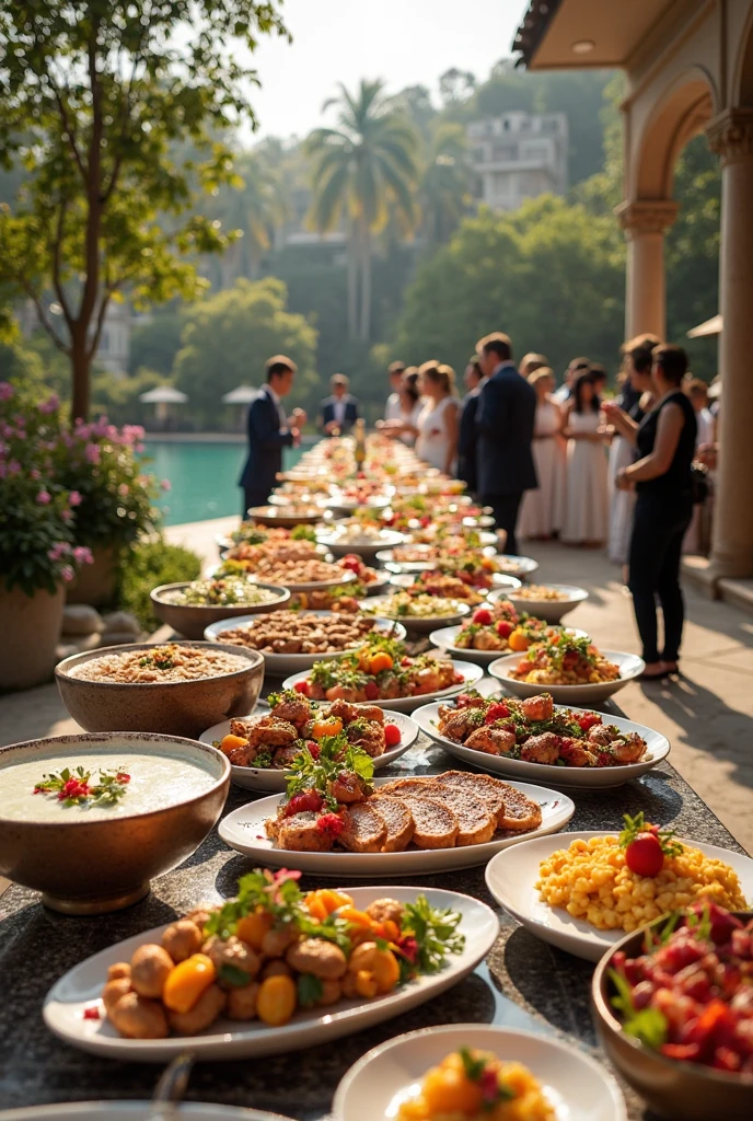 A super realistic image of a wedding buffet table featuring Asian-Napoletan fusion food. On the table, there are bao buns with meatballs in ragù and ravioli alla genovese. Include people with happy expressions and European appearances, including the bride and groom eating the ravioli. The image should be wide, shot with a 24mm lens from a distance. The table is set on a lawn at an elegant villa, in the evening, with string lights illuminating the scene.