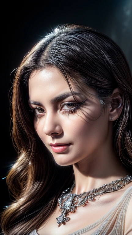((best quality: 4k)), ((masterpiece)), (high detailed), Salma Hayek face, big lips, big breast, good shape breast, long legs, wearing short skirt, slim body, top naked, sexy salma hayek face, black hair, hair bobbles, wince, long_eye_lashes, solid circle eyes,, light smile, , drop shadow, anaglyph, , atmospheric perspective, 8k, super detail, best quality,