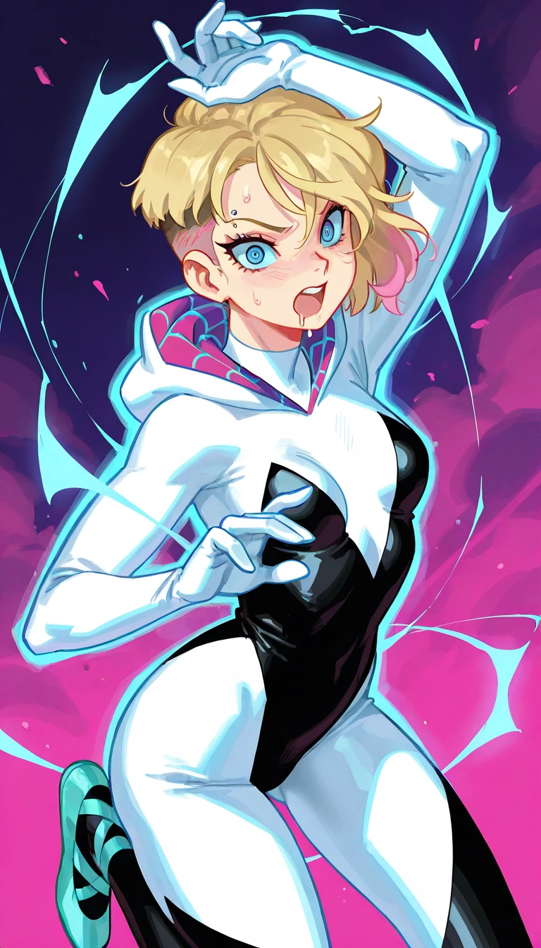 4k, high_quality, Spider_Gwen, blonde, marvel, upper_body, arms_up, armpits, cute_pose, accurate_face, Accurate_body,