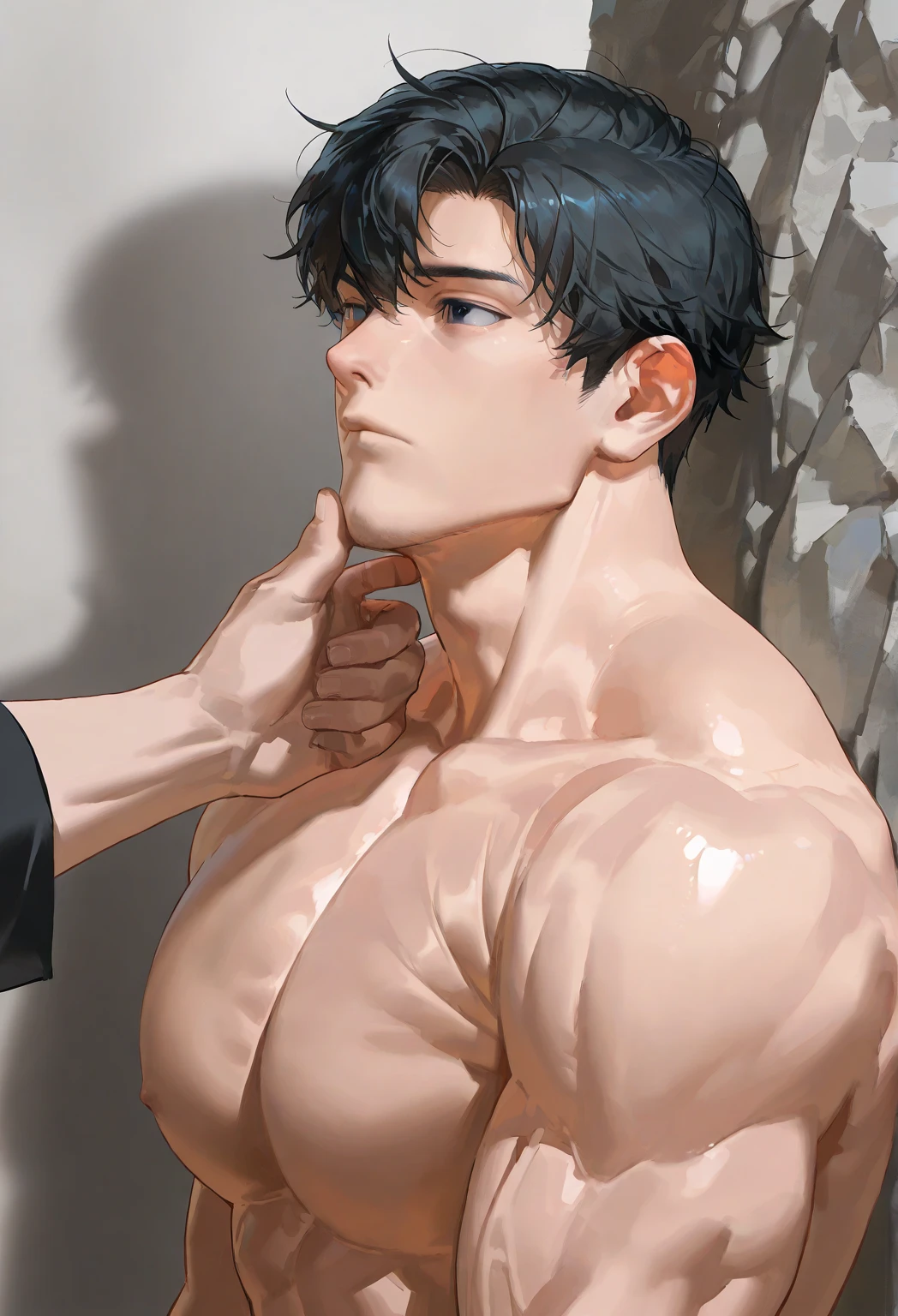 (masterpiece best quality 8k ultra-detailed:1.5) ultra realistic, solo standing male, muscular handsome (((perfect face,perfect eyes))) ((topless)) (undercut), anime style, illustration, (((underwear, big bulge))), realistic shade, sharp, detailed beautiful face and eyes, perfect beautiful body, perfect hands, (dynamic pose), shiny skin