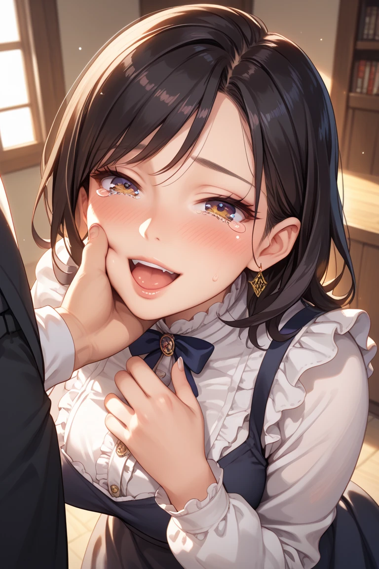 She puts her face close to the dick and smells it,She gets excited by smelling penis,A man has an erection next to the girl,smile,She is so excited she can't think rationally,She doesn't touch the penis,The man stands motionless,(only 1 girl),(steam),(1 small penis),She makes fun of the guy for having a small dick,She measures the size of his dick with her hand