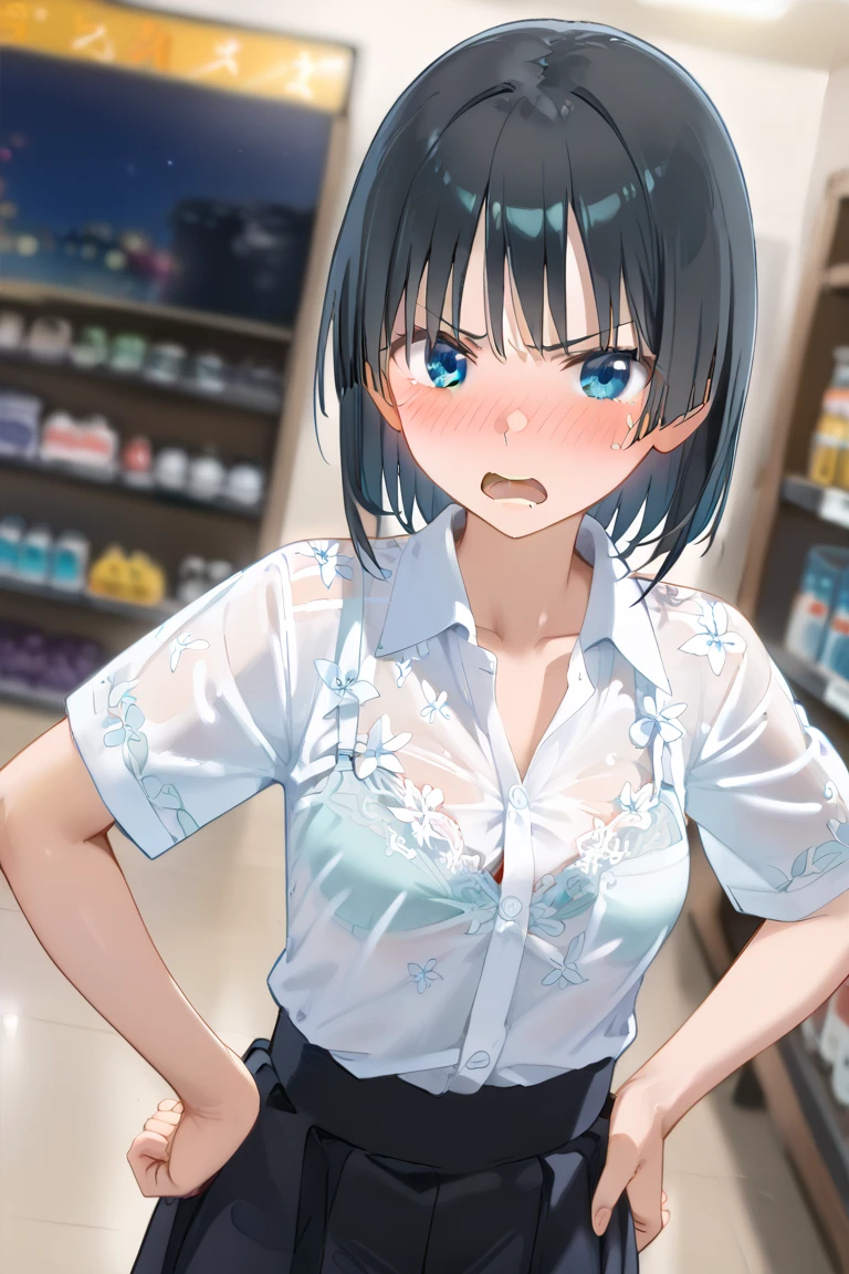 Short hair, pubic hair, nice breasts, small breasts, embarrassed, shy, worried, black hair, arm, in hospital, underwear, naked, belly button, hand on face, no underwear, sitting on a stool (Male 1)sweaty touched by a man Physical examination Breast size measured, tape measure on chest, anime drawing, arms up
