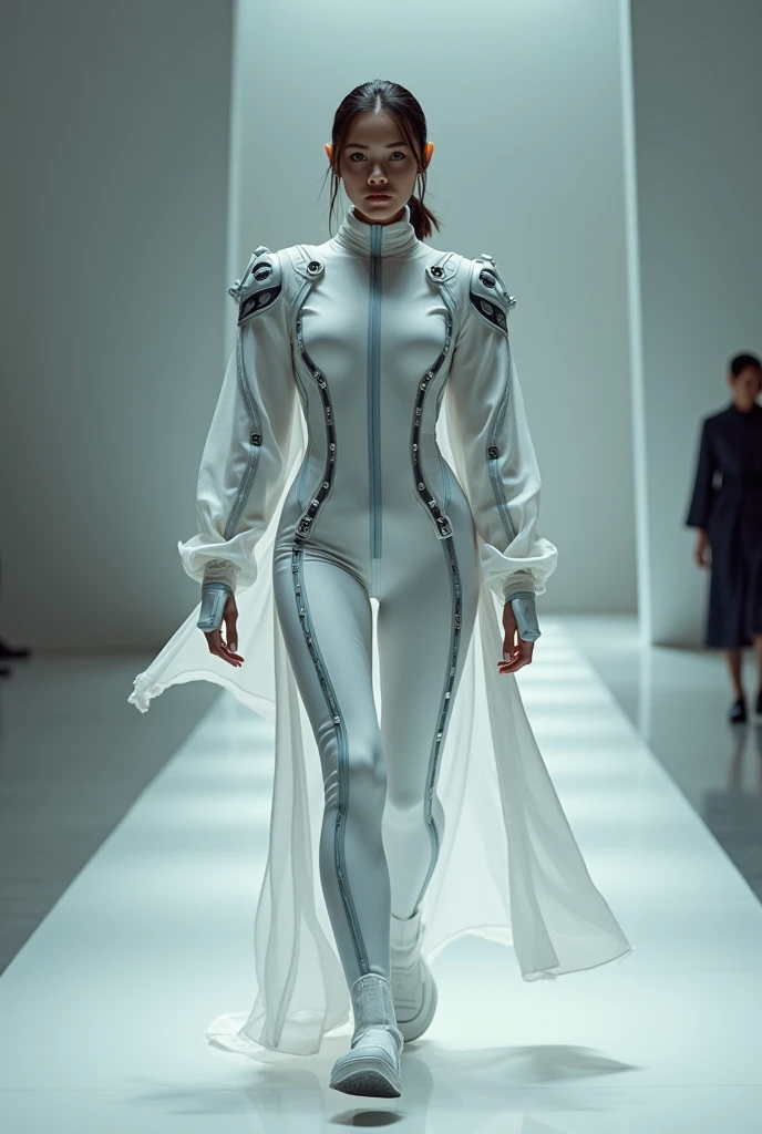 close up portrait femborg  female futuristic mobster pinstripe suit outfit  <hypernet:femborg:1>
