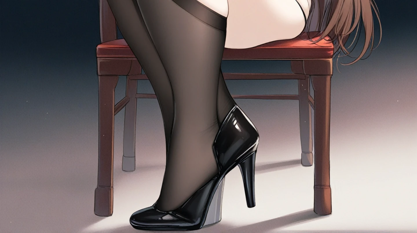 Latex Skirt beauty Hair is pink soio Sitting on a chair Provocative facial expressions The crotch is open and the pants are visible. Pants are black
