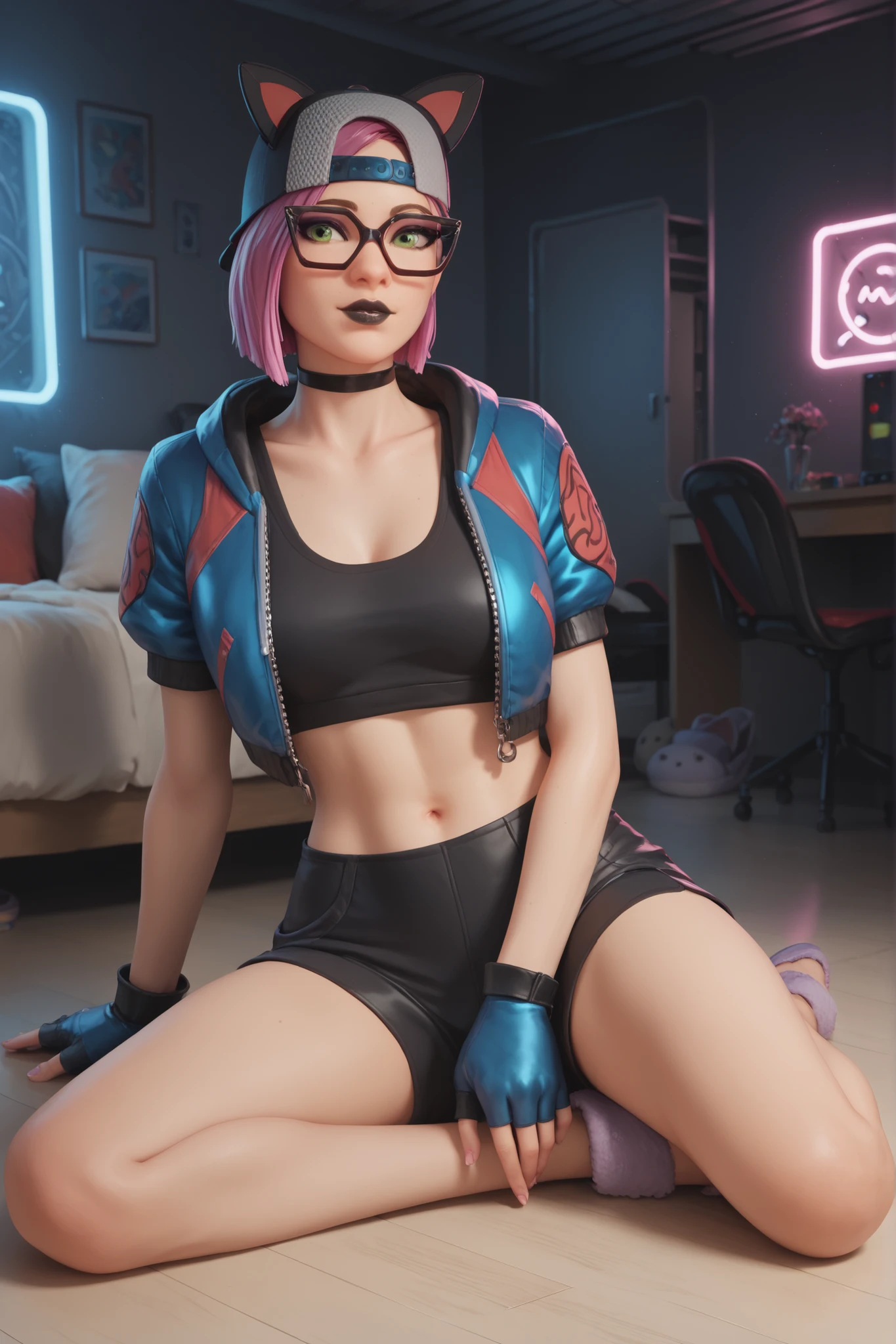 girl (masterpiece),choker,black lips, Black cap,fingerless gloves, evening ,cat grey slippers, futuristic room, with neon lighting and video game designs ,beautiful green eyes,short pink hair,glasses,sitting on the floor