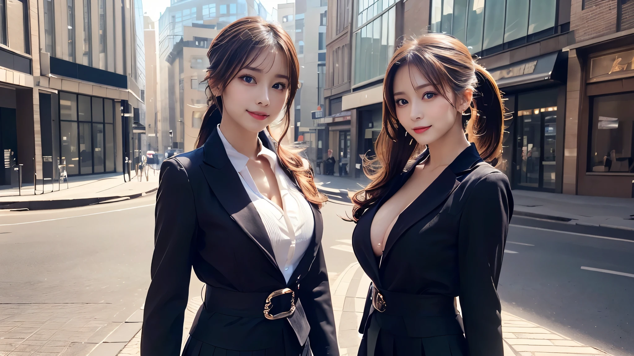a 21 year old face of the most beautiful actress in the world, the perfect body proportions of a female, worn blazer on formal shirt is tight thanks to being buttoned on large breasts of a female, panties between bare legs under short skirt are almost seen, short hair cut is revealing whole ears, standing, at city street, large breasts of a female, nsfw, best quality, highly detailed, masterpiece, ultra high res, photo realistic, 8k