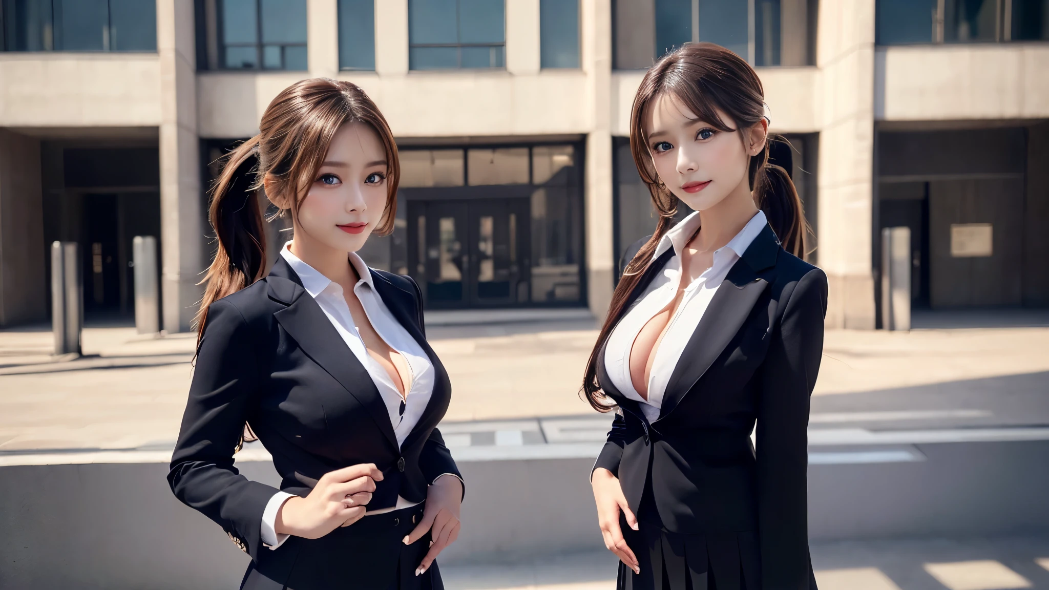 highest quality、masterpiece、 (19 year old female), (realistic), straight hair, Korean idol style, Japanese idol、 concierge, smile、 gently、black choker、blue eyes、perfect makeup、(big breasts), long eyelashes, eyelash extensions、bangs、((consultant、business style、Formal suit)), ((restaurant)), I'm wearing an undershirt under my jacket、((less exposure)), face the camera from the front and smile, slim body shape、Grilled meat