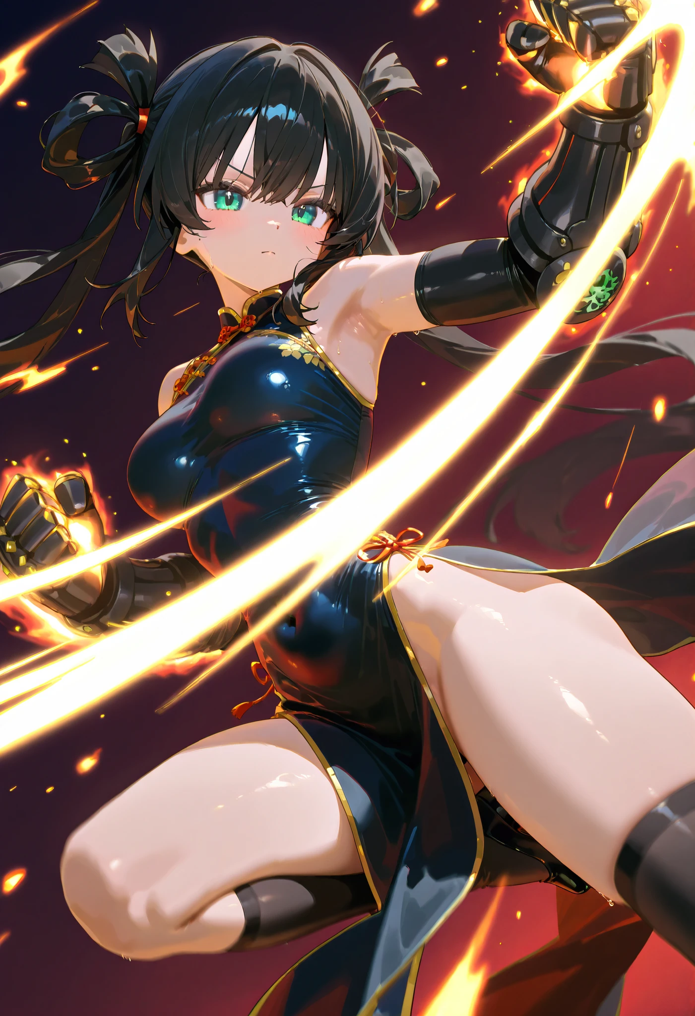 Fantasy,1 girl, belt, blue_eye, blush, big_, cloak, hood, black_medium_hair, ((((long_bangs,hair_over_one_eye)))++, black_see-through_bodysuit, harness, navel,open_mouth, public,in_fantasy_city_ background,sweat, armpits, thighs, boots, groin, sweat,_juice, dynamic_pose_jumping, dynamic_angle, covered_, covered_nipples, happy,sleepy,confused,