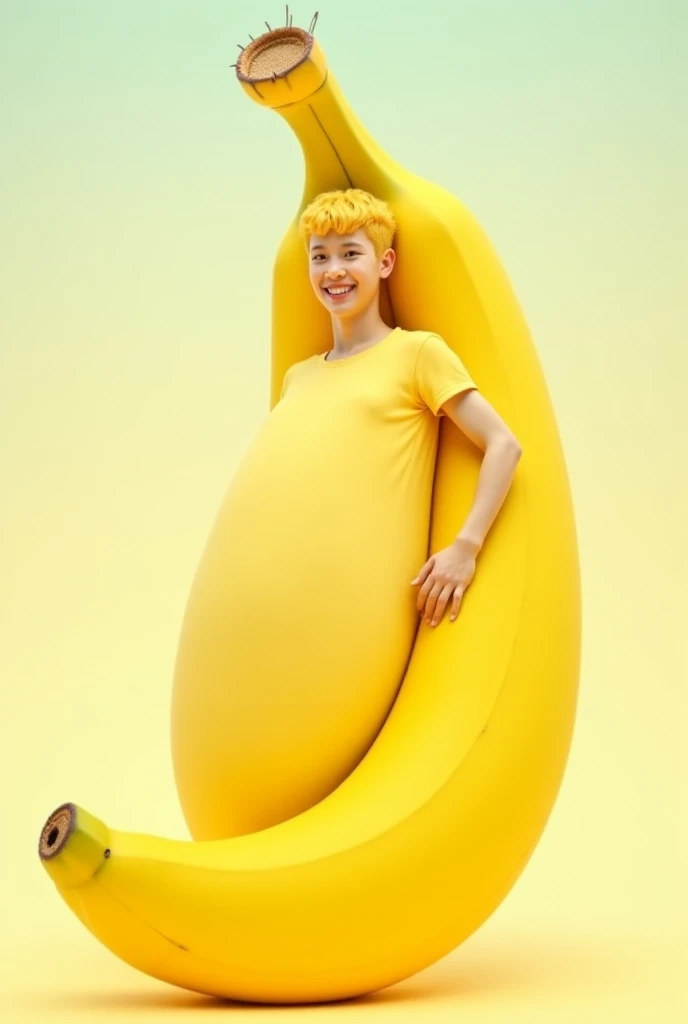 A photo of a young teenage girl, ((Tupi Guarani Girl)), Mini video clip singing dressed as a banana, doing adult sensual choreography, both looking at the viewer