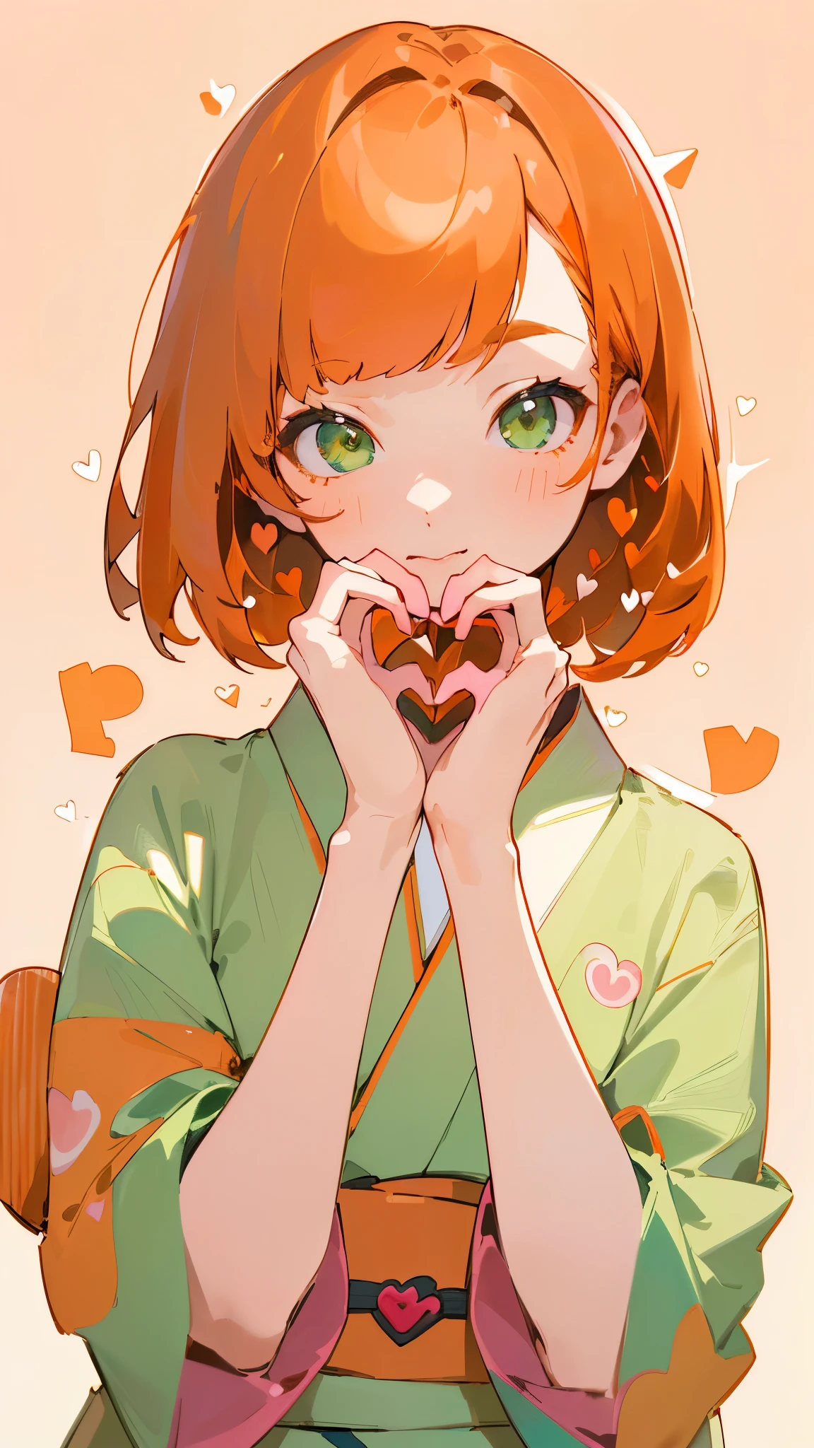 simple background、1 woman、(Masterpiece、of the best quality:1.2)、(( Facing Front:1.mile、aligned bangs、bob hair、orange hair、green eyes、young woman、upper body、promotional art、Official Art、pink kimono、( make your hands heart shaped:1.2)