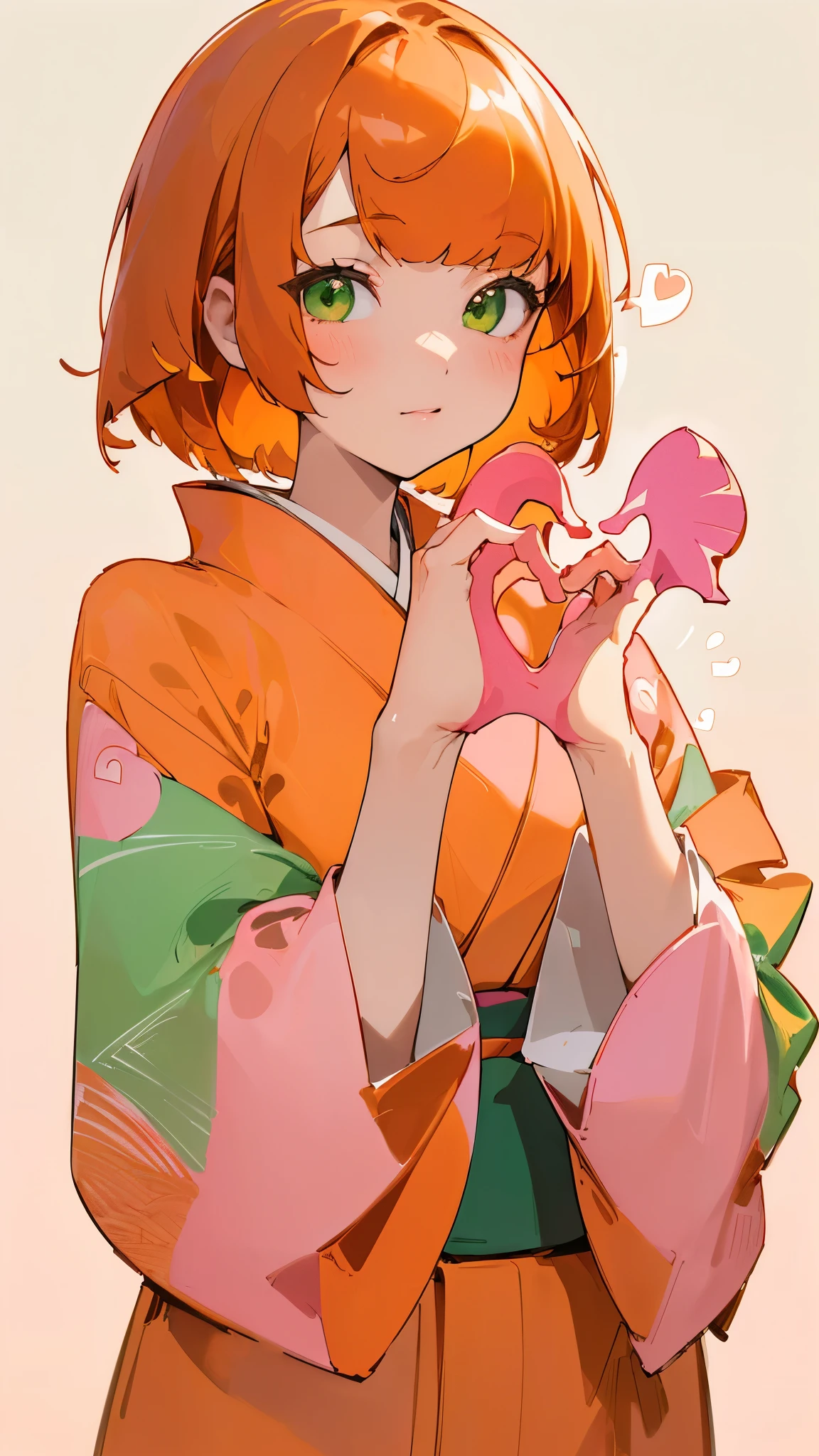 simple background、1 woman、(Masterpiece、of the best quality:1.2)、(( Facing Front:1.mile、aligned bangs、bob hair、orange hair、green eyes、young woman、upper body、promotional art、Official Art、pink kimono、( make your hands heart shaped:1.2)