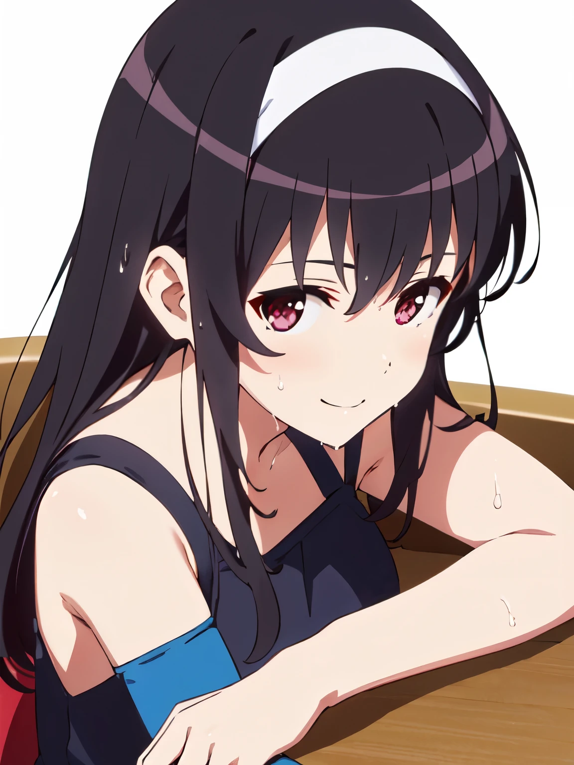 One lady,12year old,japanes,(((Sportsbra))),Upper body portrait,A dark-haired,Beautiful ponytail,Wet with sweat,Natural smile,Clothes are wet,(((Nariko Saten)))