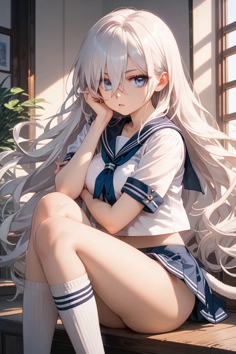 (Best Quality, masutepiece:1.2,nsfw), white pubic hair, Blue detailed eyes, White clothing, full body detailed, Pubic hair, fair and shiny skin, Side braid, Superior Quality,Cutest,Cute girl,solo,mesugaki,Beautiful face,Beautiful eyes,Beautiful hair, sitting squating looking down look at the viewer from below.
