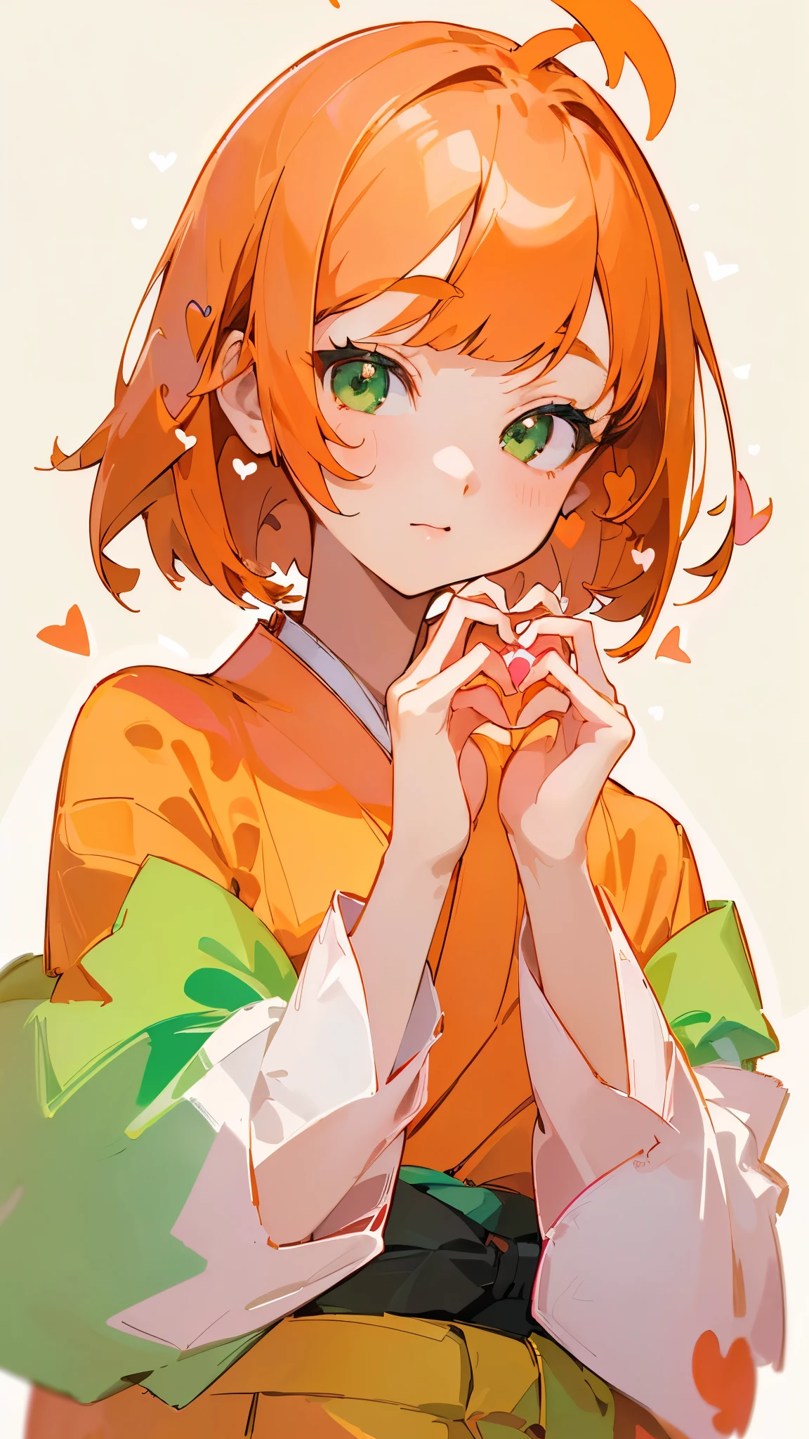simple background、1 woman、(Masterpiece、of the best quality:1.2)、(( Facing Front:1.mile、aligned bangs、bob hair、orange hair、green eyes、young woman、upper body、promotional art、Official Art、pink kimono、( make your hands heart shaped:1.2)